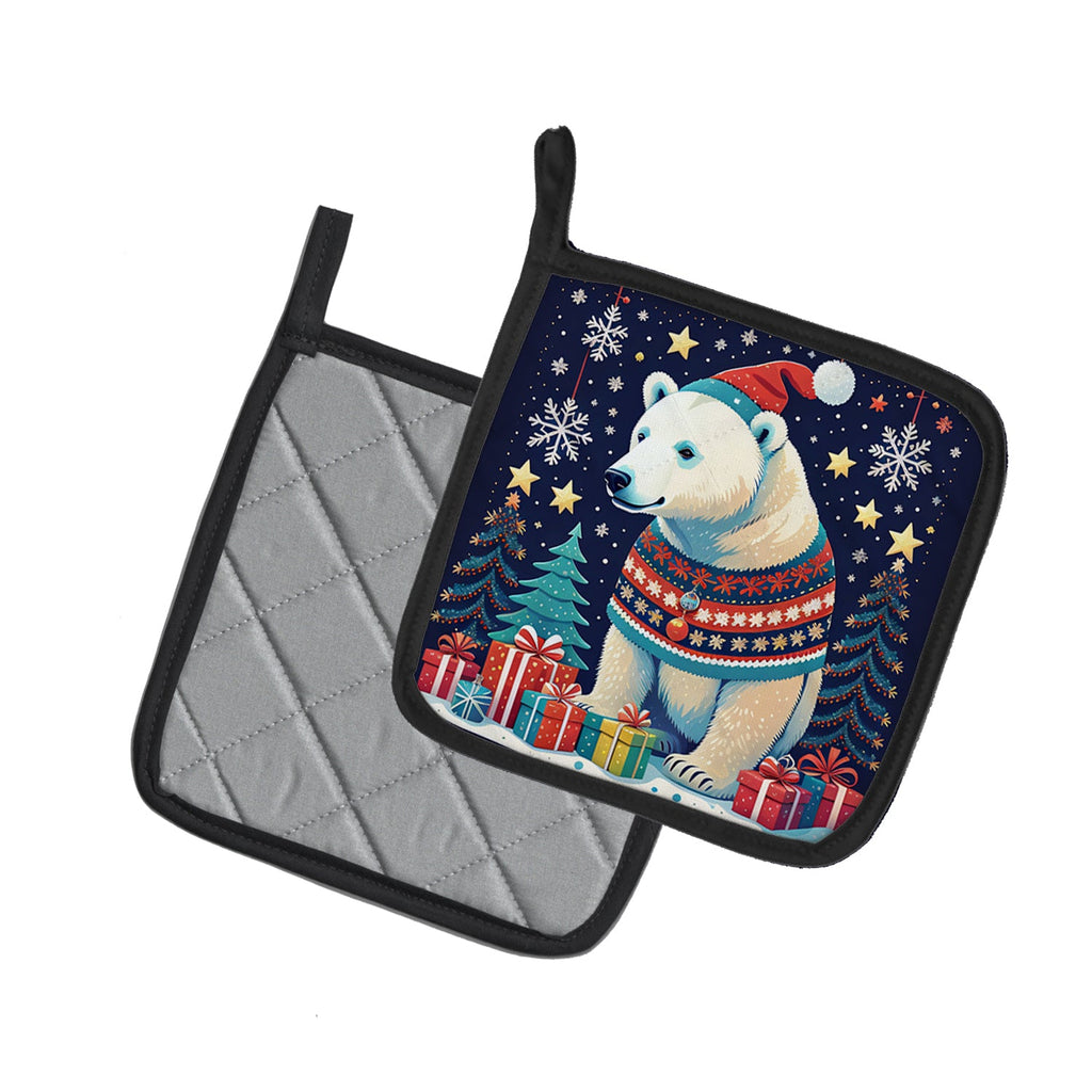Polar Bear Christmas Pot Holder Set of 2 Heat Resistant Quilted Hot Pads 7.5 x 7.5 Inch, Insulated Kitchen Trivets for Cooking & Baking
