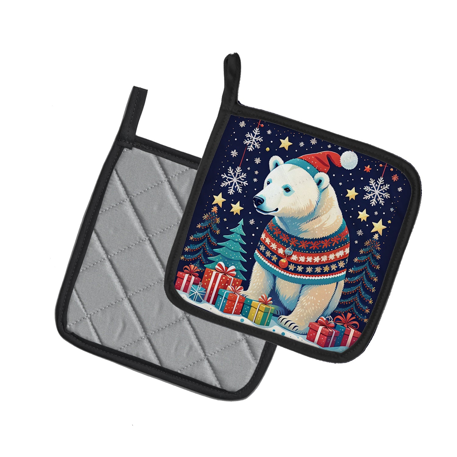 Polar Bear Christmas Pot Holder Set of 2 Heat Resistant Quilted Hot Pads 7.5 x 7.5 Inch, Insulated Kitchen Trivets for Cooking & Baking