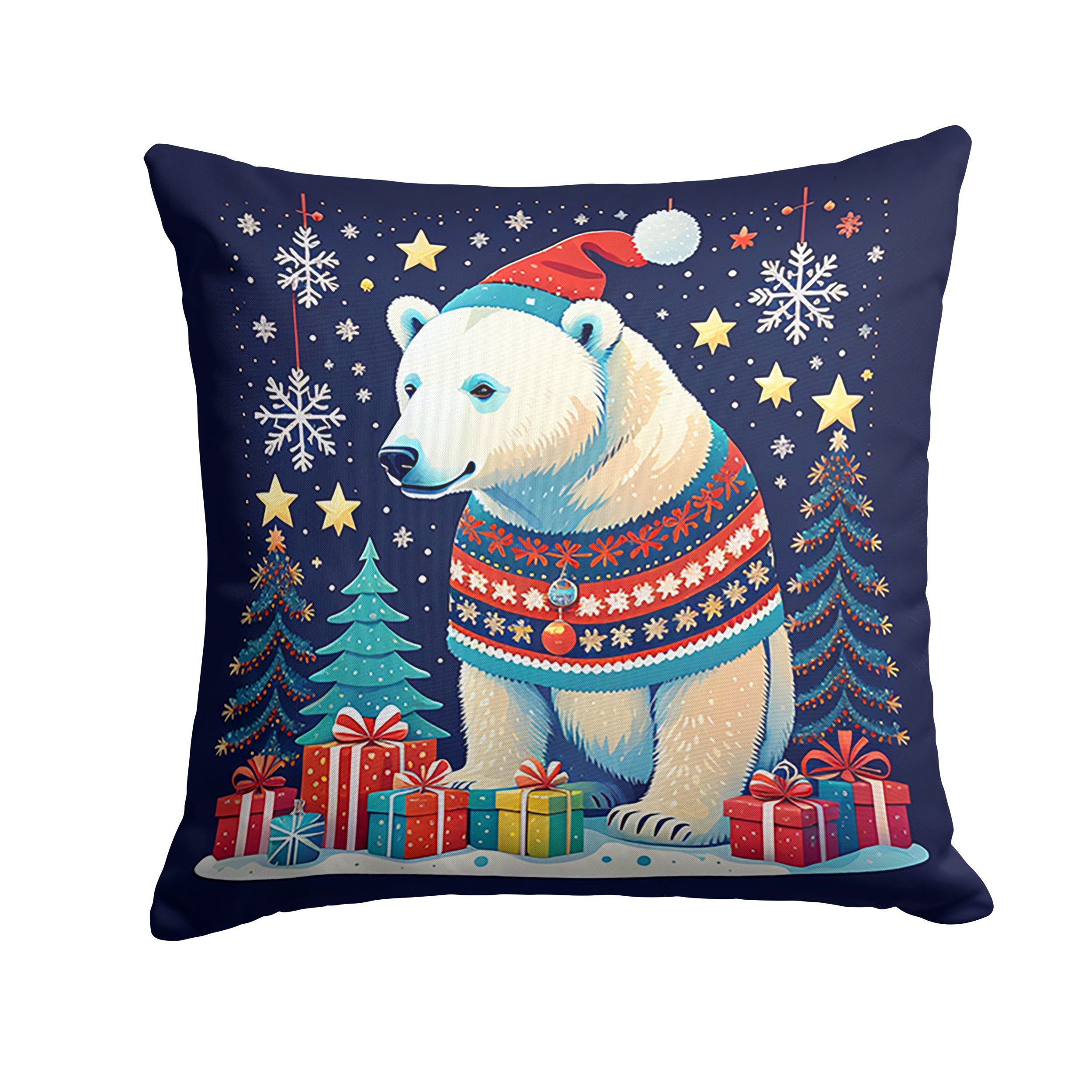Polar Bear Christmas Decorative Throw Pillow 14x14 Indoor Outdoor Accent Cushion, Fabric Cover with Insert for Sofa, Bed, Porch & Living Room