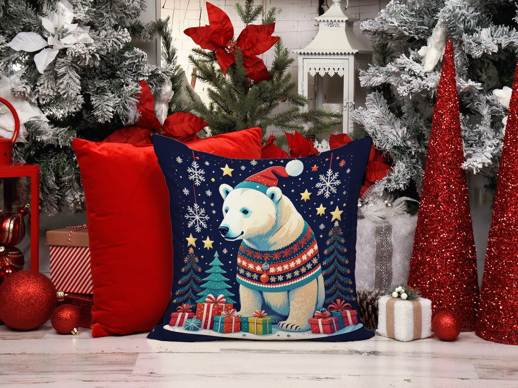 Polar Bear Christmas Decorative Throw Pillow 14x14 Indoor Outdoor Accent Cushion, Fabric Cover with Insert for Sofa, Bed, Porch & Living Room