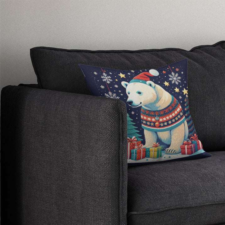 Polar Bear Christmas Decorative Throw Pillow 14x14 Indoor Outdoor Accent Cushion, Fabric Cover with Insert for Sofa, Bed, Porch & Living Room