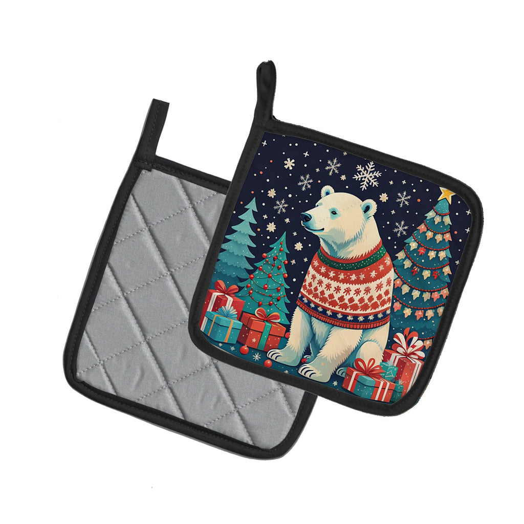 Polar Bear Christmas Pot Holder Set of 2 Heat Resistant Quilted Hot Pads 7.5 x 7.5 Inch, Insulated Kitchen Trivets for Cooking & Baking