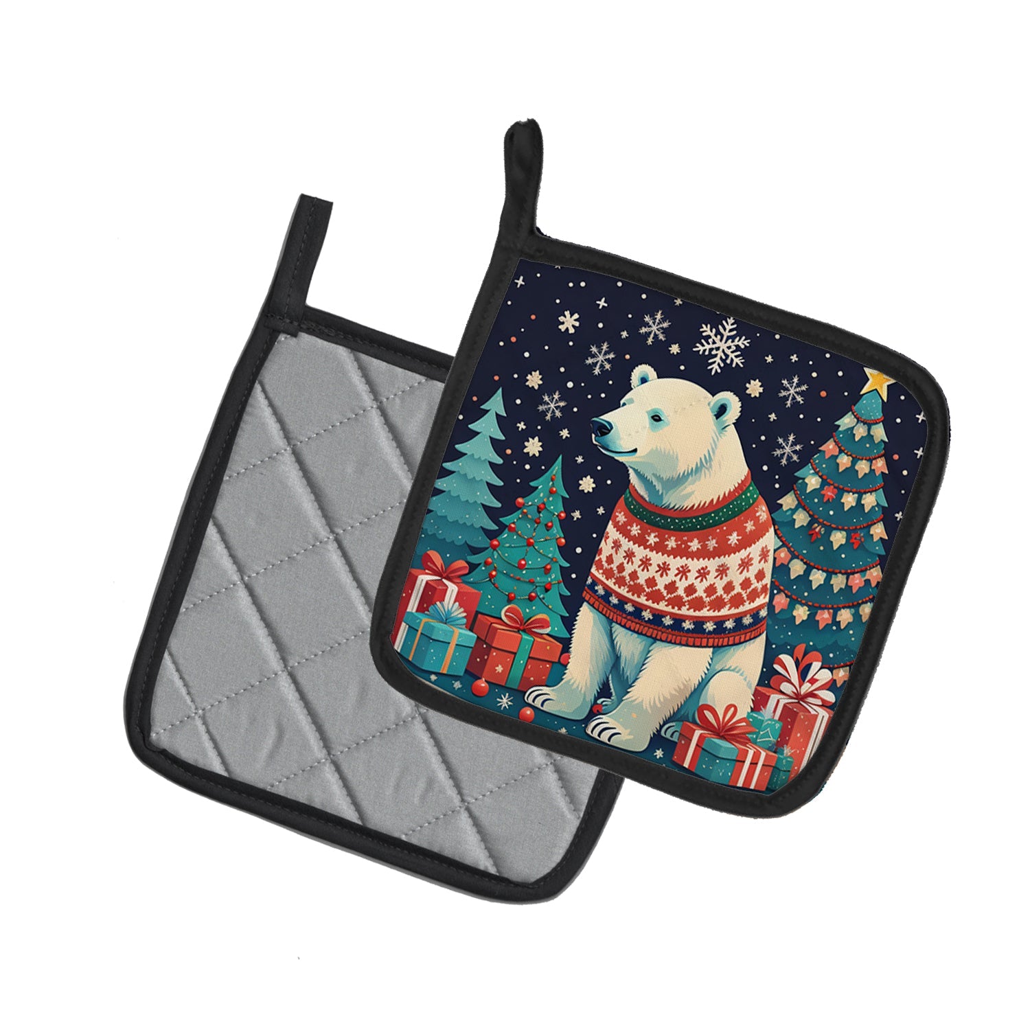Polar Bear Christmas Pot Holder Set of 2 Heat Resistant Quilted Hot Pads 7.5 x 7.5 Inch, Insulated Kitchen Trivets for Cooking & Baking