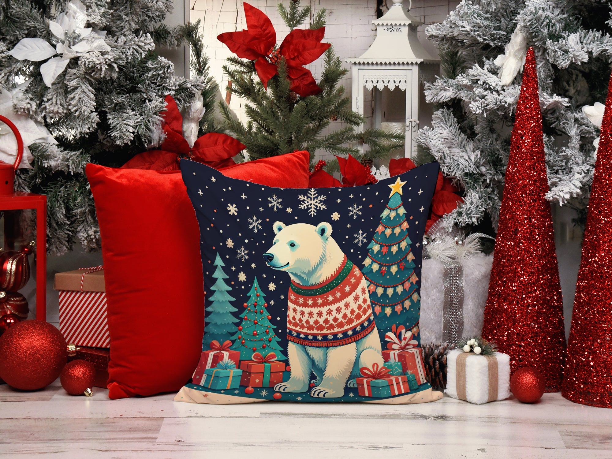 Polar Bear Christmas Decorative Throw Pillow 18x18 Indoor Outdoor Accent Cushion, Fabric Cover with Insert for Sofa, Bed, Porch & Living Room