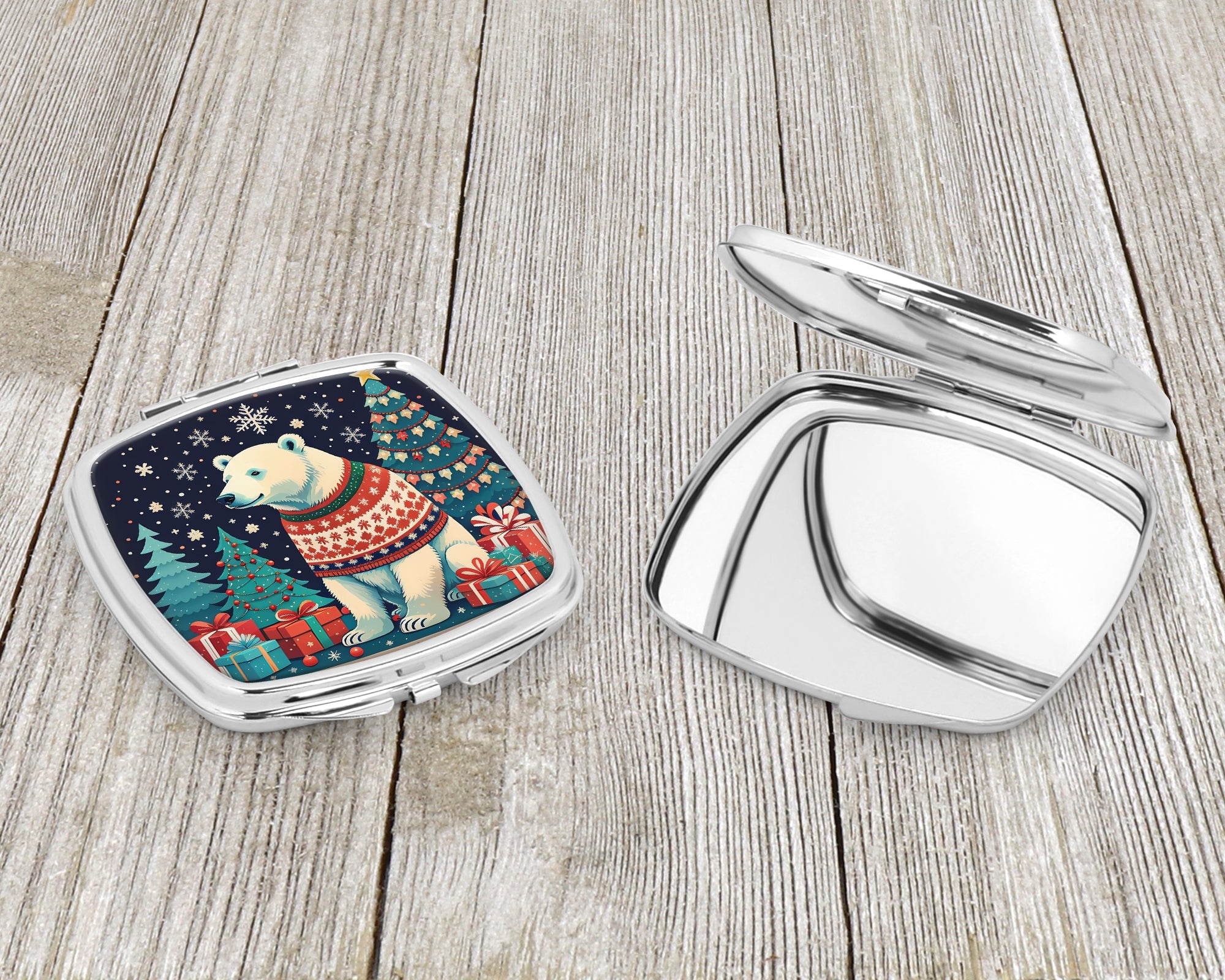 Polar Bear Christmas Compact Mirror Decorative Travel Makeup Mirror for Women Girls Gifts Pocket Makeup Mirror Folding Handheld