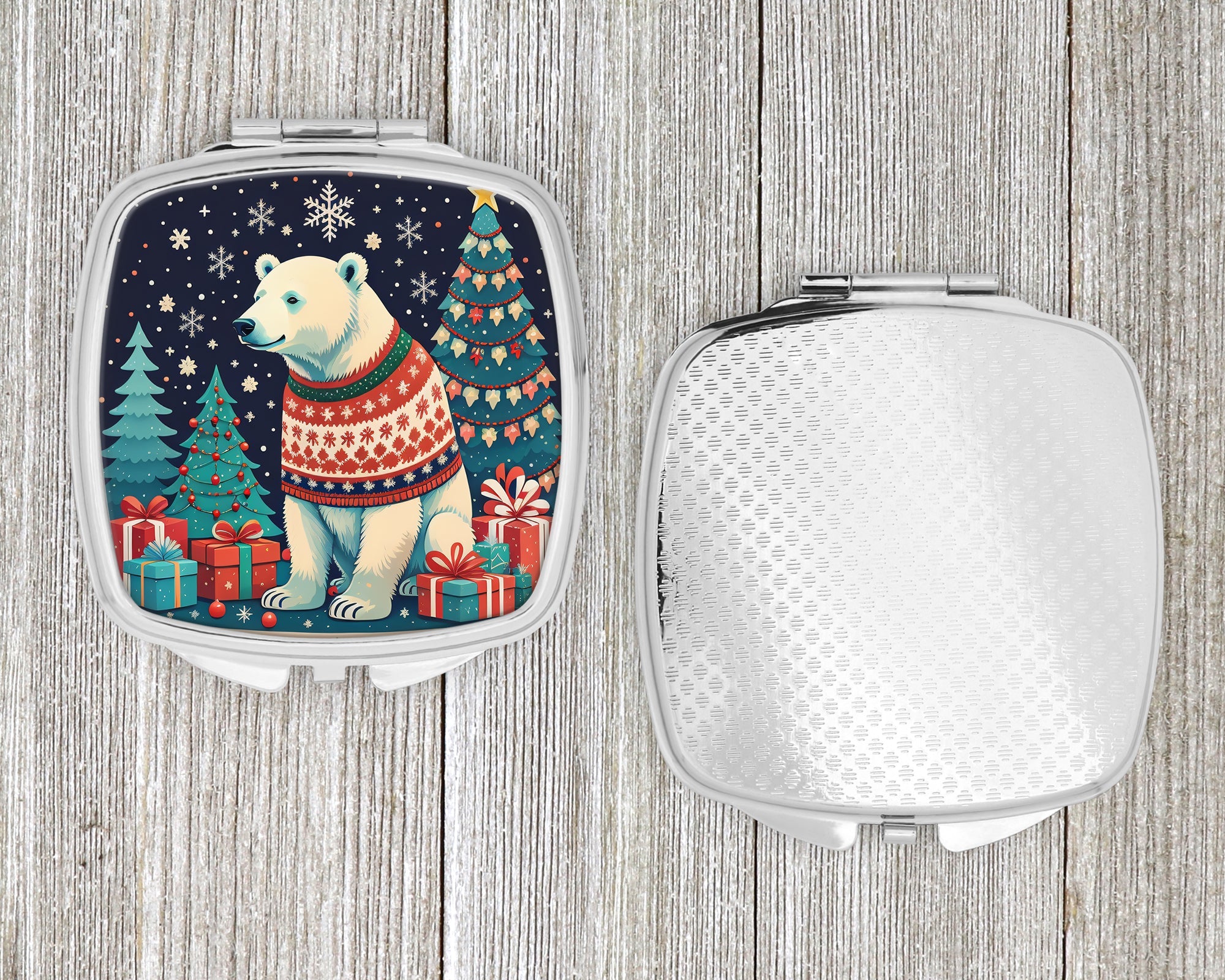 Polar Bear Christmas Compact Mirror Decorative Travel Makeup Mirror for Women Girls Gifts Pocket Makeup Mirror Folding Handheld