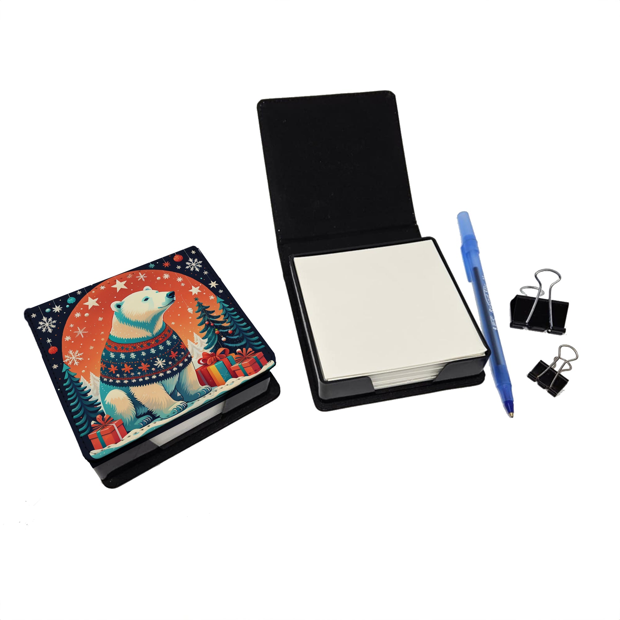 Polar Bear Christmas PU Leather Note Paper Holder with Artist-Designed Cover, Desk Accessory, Office Gift