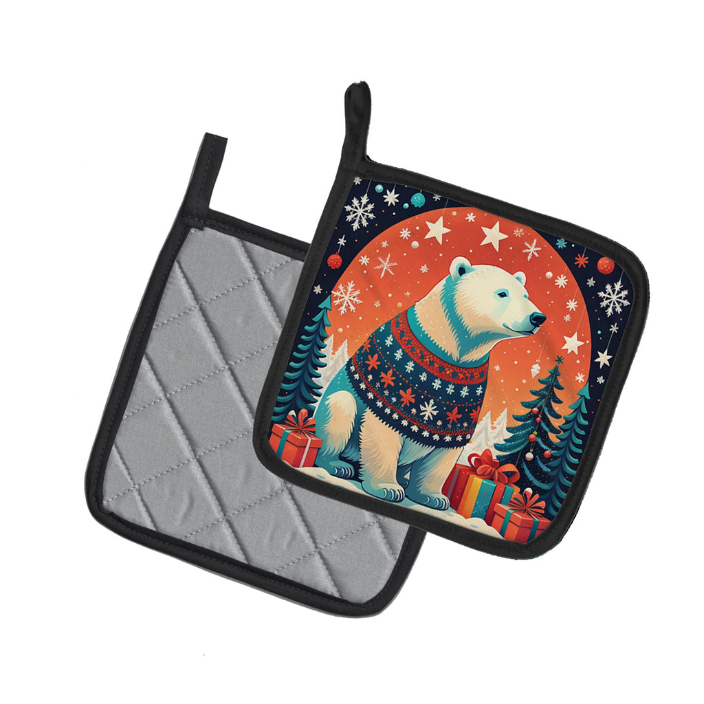 Polar Bear Christmas Pot Holder Set of 2 Heat Resistant Quilted Hot Pads 7.5 x 7.5 Inch, Insulated Kitchen Trivets for Cooking & Baking
