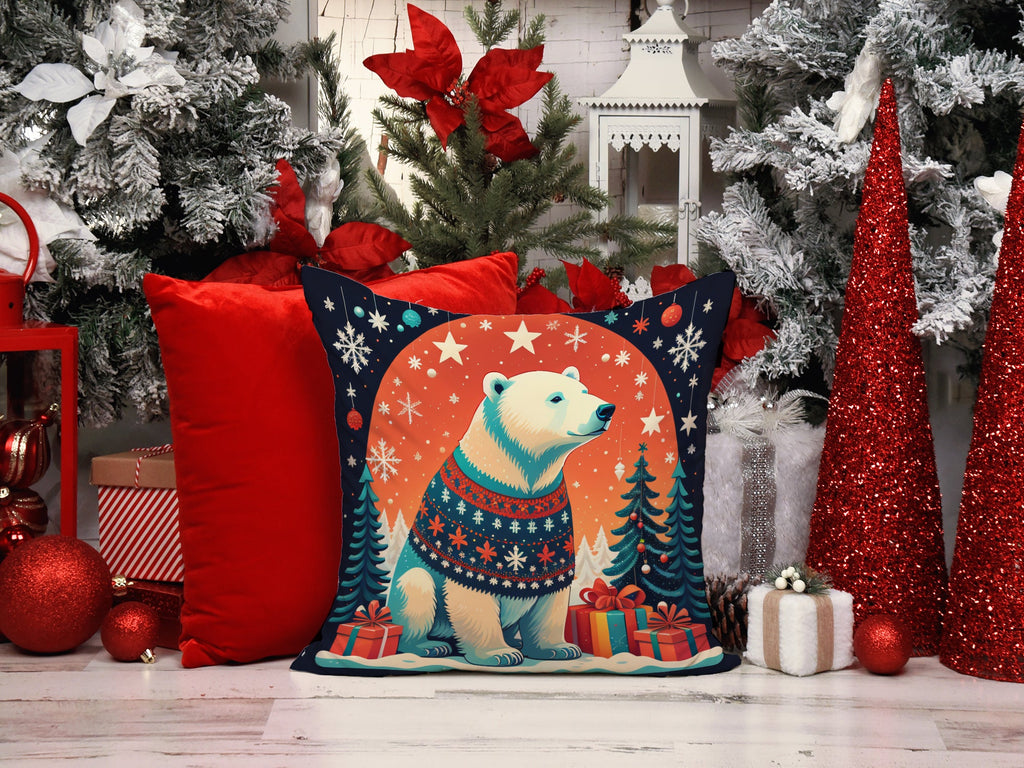 Polar Bear Christmas Decorative Throw Pillow 14x14 Indoor Outdoor Accent Cushion, Fabric Cover with Insert for Sofa, Bed, Porch & Living Room