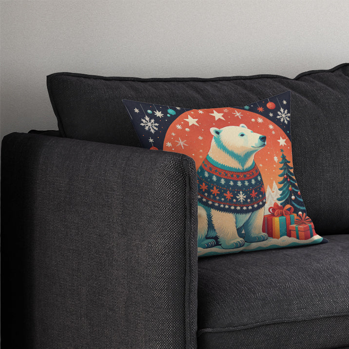 Polar Bear Christmas Decorative Throw Pillow 14x14 Indoor Outdoor Accent Cushion, Fabric Cover with Insert for Sofa, Bed, Porch & Living Room