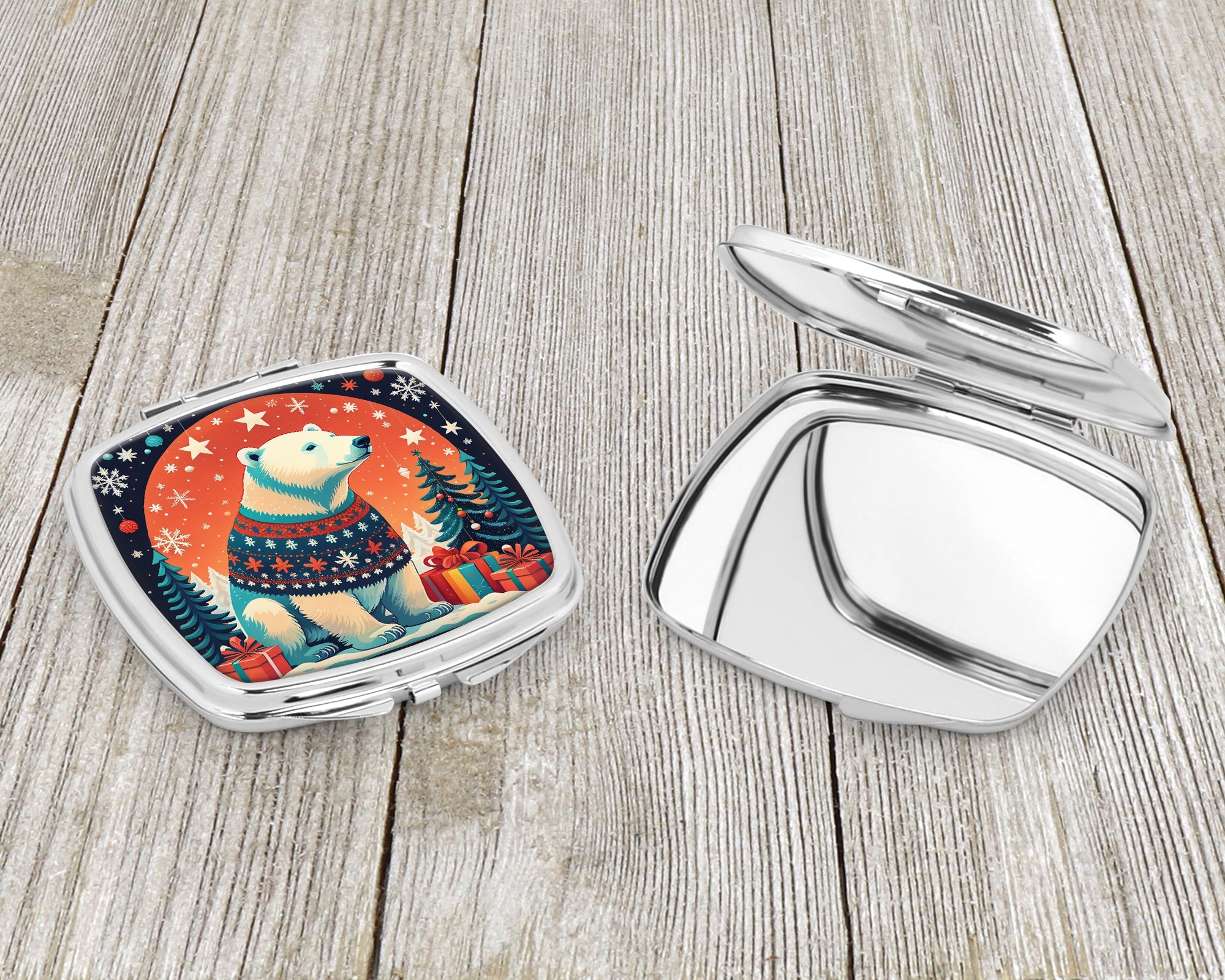 Polar Bear Christmas Compact Mirror Decorative Travel Makeup Mirror for Women Girls Gifts Pocket Makeup Mirror Folding Handheld