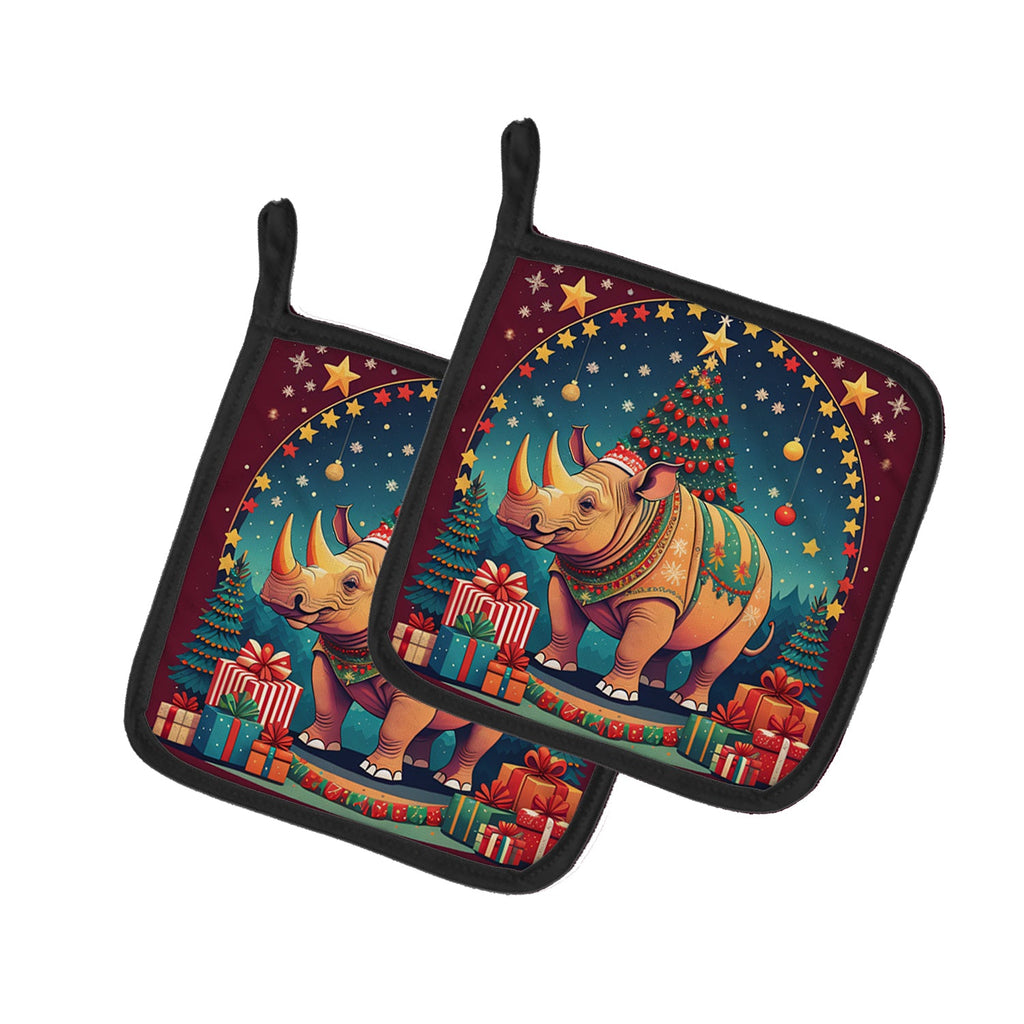 Rhinoceros Christmas Pot Holder Set of 2 Heat Resistant Quilted Hot Pads 7.5 x 7.5 Inch, Insulated Kitchen Trivets for Cooking & Baking