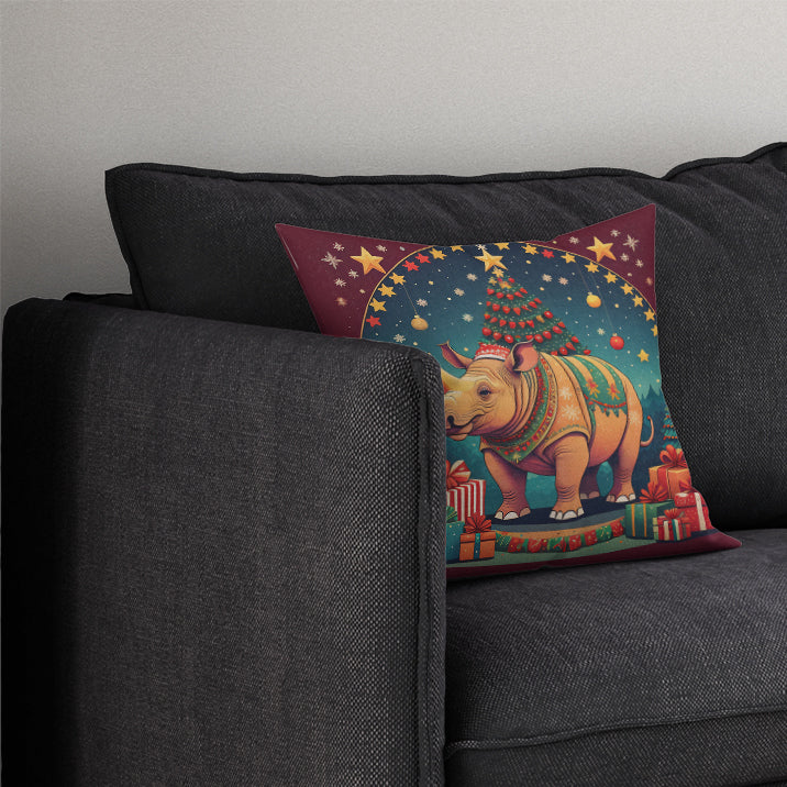 Rhinoceros Christmas Decorative Throw Pillow 14x14 Indoor Outdoor Accent Cushion, Fabric Cover with Insert for Sofa, Bed, Porch & Living Room