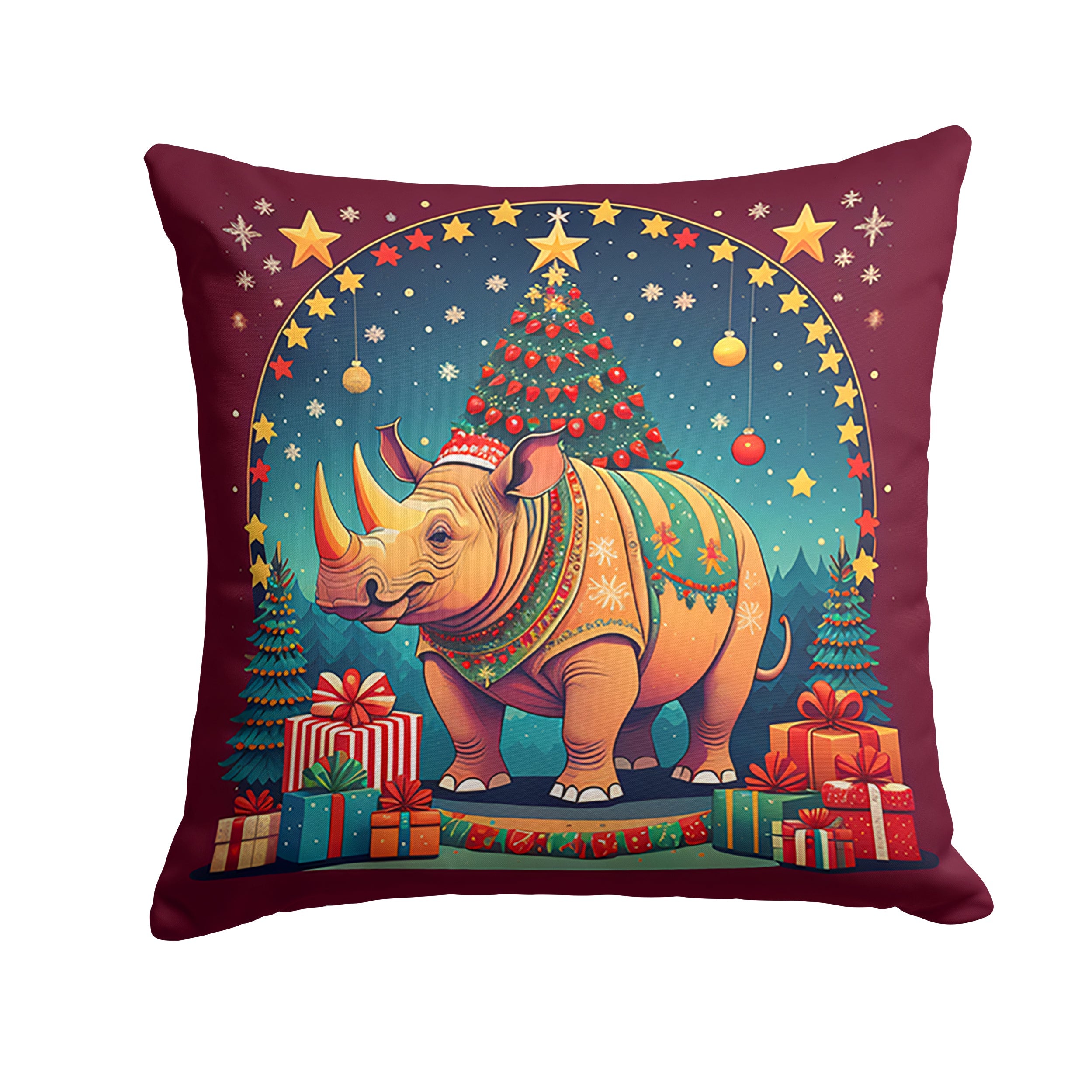 Rhinoceros Christmas Decorative Throw Pillow 18x18 Indoor Outdoor Accent Cushion, Fabric Cover with Insert for Sofa, Bed, Porch & Living Room
