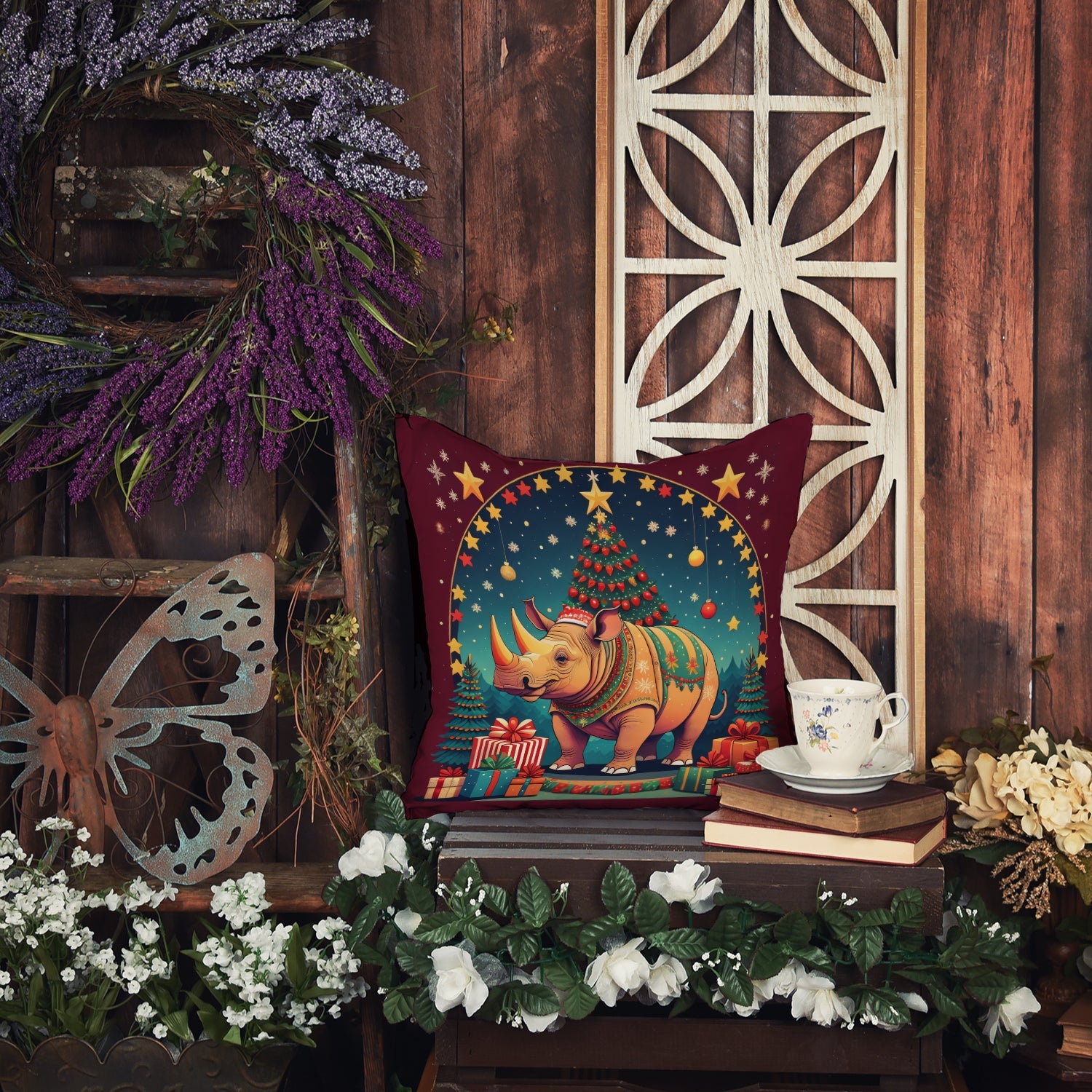 Rhinoceros Christmas Decorative Throw Pillow 18x18 Indoor Outdoor Accent Cushion, Fabric Cover with Insert for Sofa, Bed, Porch & Living Room