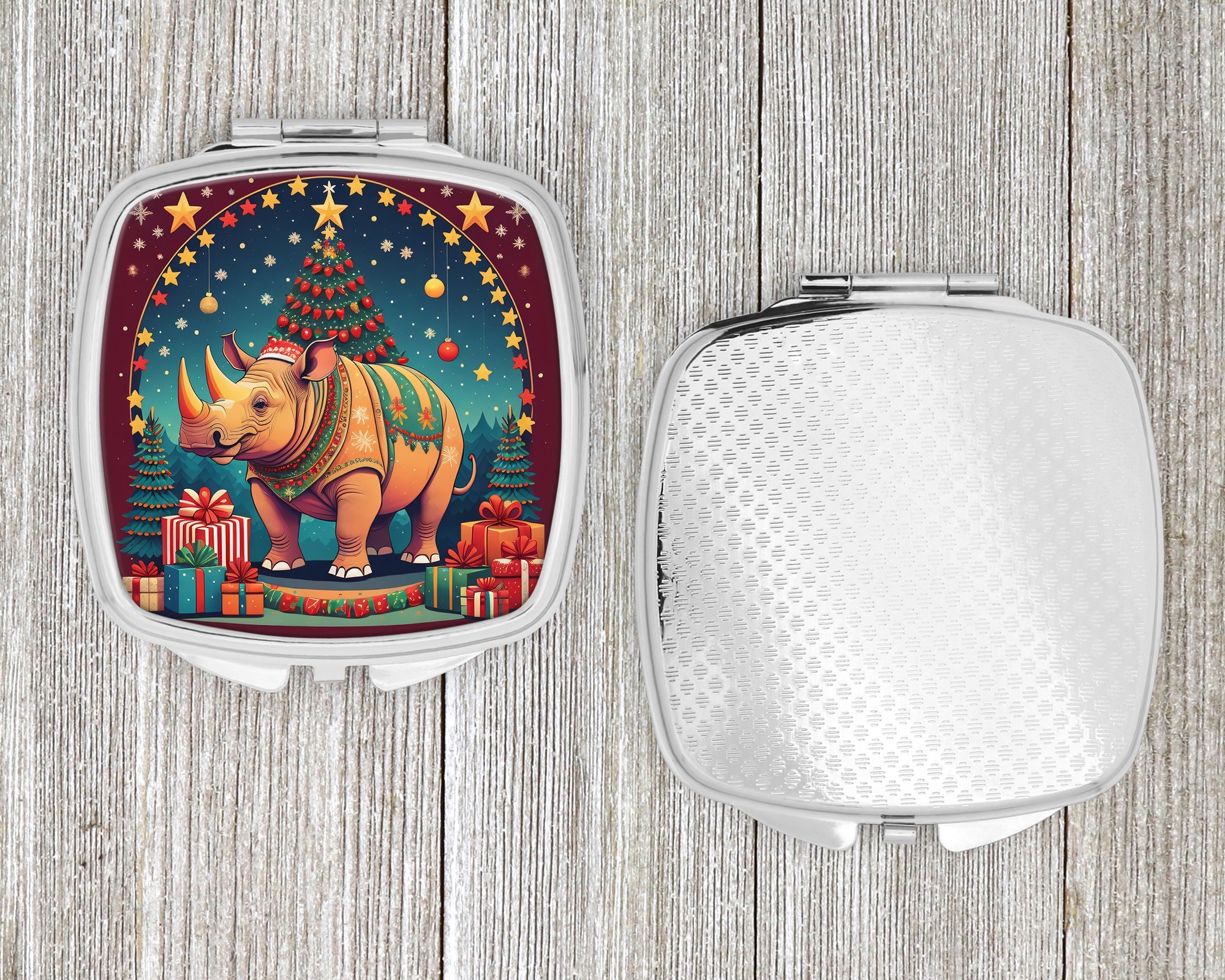 Rhinoceros Christmas Compact Mirror Decorative Travel Makeup Mirror for Women Girls Gifts Pocket Makeup Mirror Folding Handheld