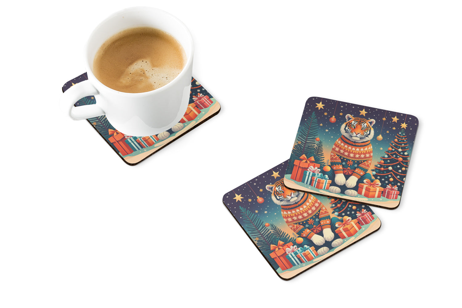 Tiger Christmas Foam Coasters Set of 4 Cup Coasters for Indoor Outdoor, Tabletop Protection, Anti Slip, Mouse pad Material