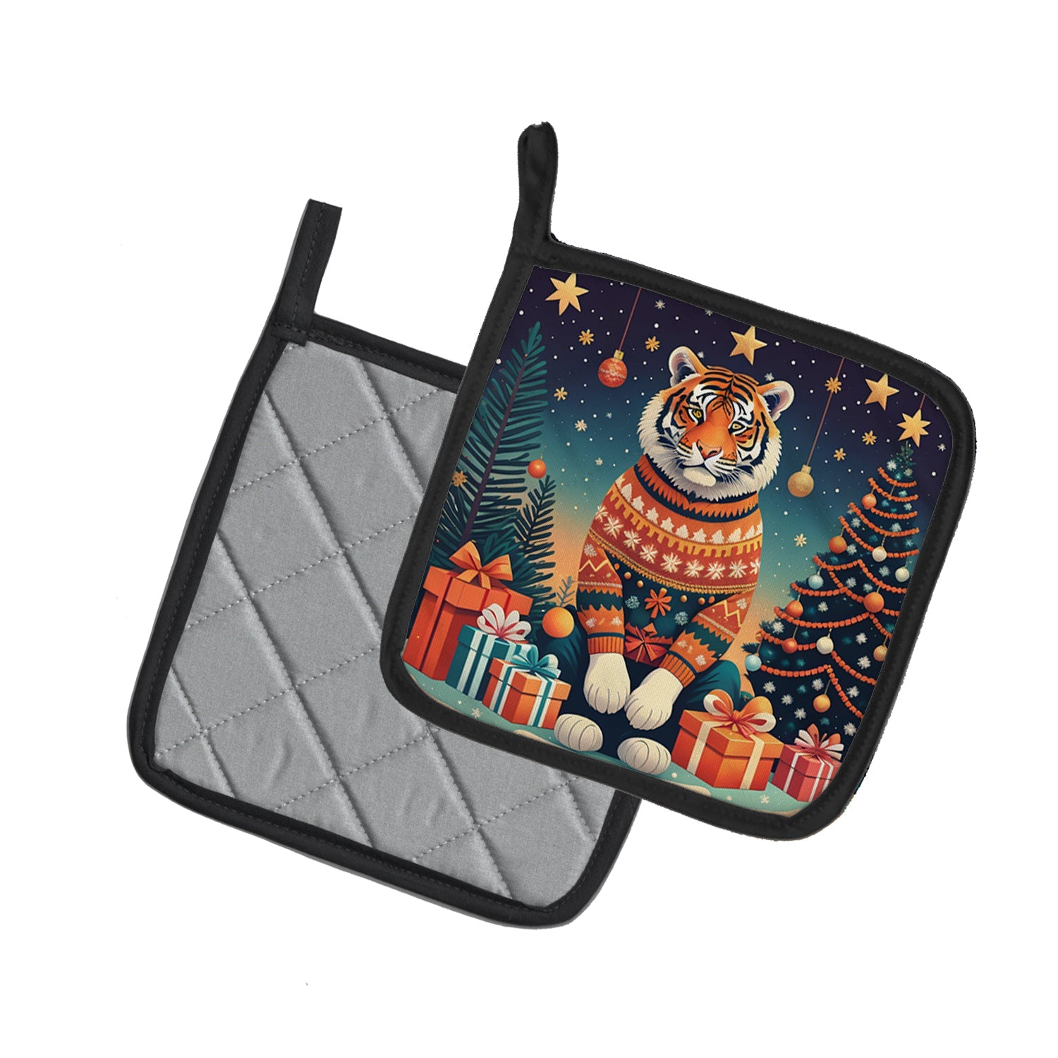 Tiger Christmas Pot Holder Set of 2 Heat Resistant Quilted Hot Pads 7.5 x 7.5 Inch, Insulated Kitchen Trivets for Cooking & Baking