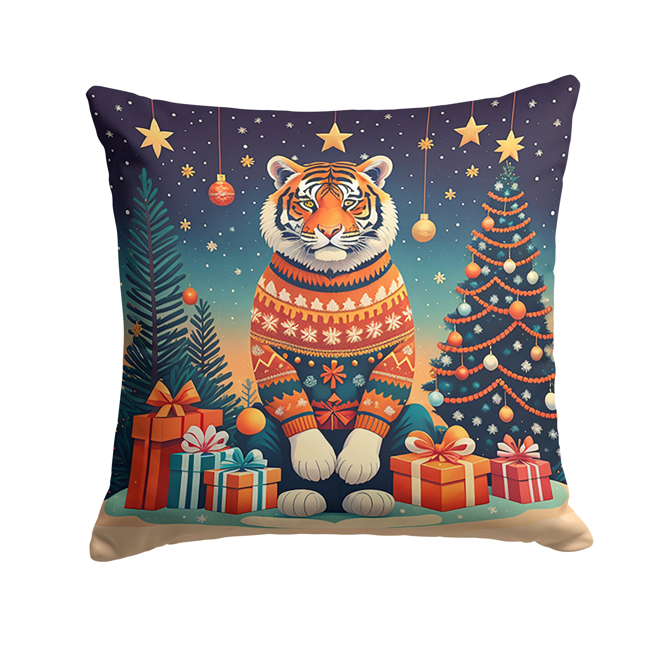 Tiger Christmas Decorative Throw Pillow 14x14 Indoor Outdoor Accent Cushion, Fabric Cover with Insert for Sofa, Bed, Porch & Living Room