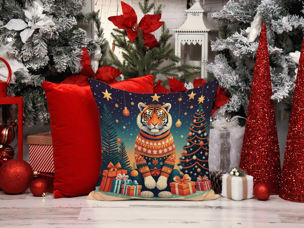 Tiger Christmas Decorative Throw Pillow 14x14 Indoor Outdoor Accent Cushion, Fabric Cover with Insert for Sofa, Bed, Porch & Living Room