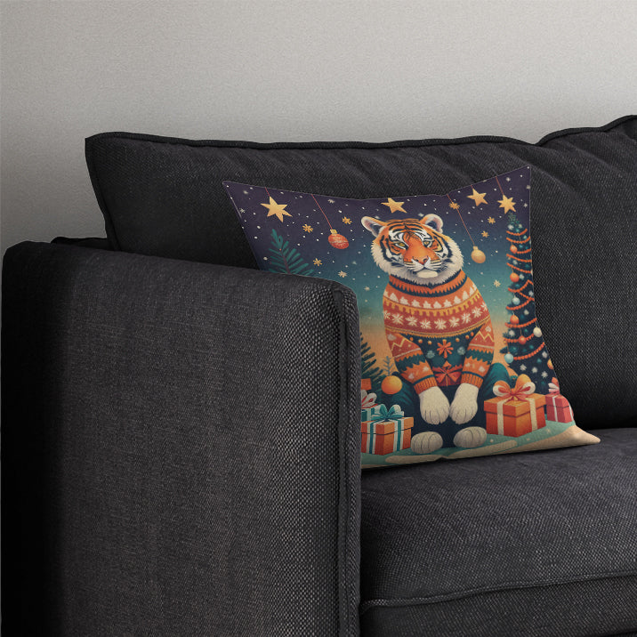 Tiger Christmas Decorative Throw Pillow 14x14 Indoor Outdoor Accent Cushion, Fabric Cover with Insert for Sofa, Bed, Porch & Living Room