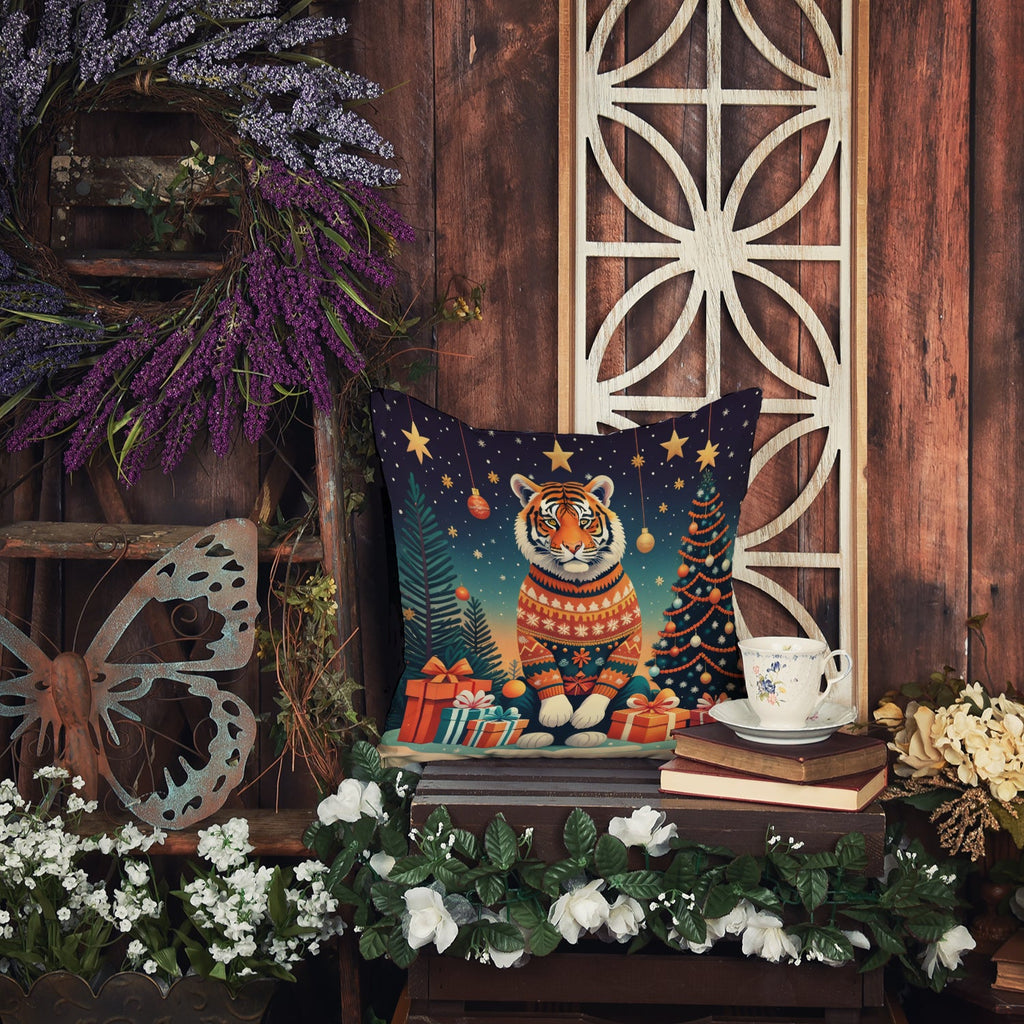 Tiger Christmas Decorative Throw Pillow 18x18 Indoor Outdoor Accent Cushion, Fabric Cover with Insert for Sofa, Bed, Porch & Living Room
