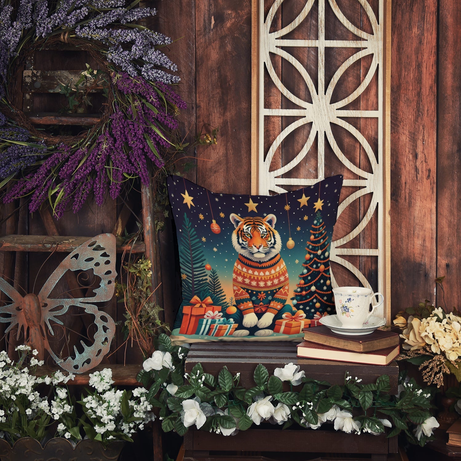 Tiger Christmas Decorative Throw Pillow 18x18 Indoor Outdoor Accent Cushion, Fabric Cover with Insert for Sofa, Bed, Porch & Living Room