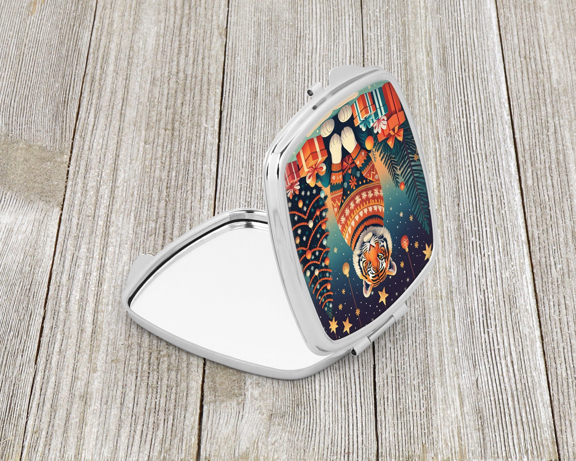 Tiger Christmas Compact Mirror Decorative Travel Makeup Mirror for Women Girls Gifts Pocket Makeup Mirror Folding Handheld