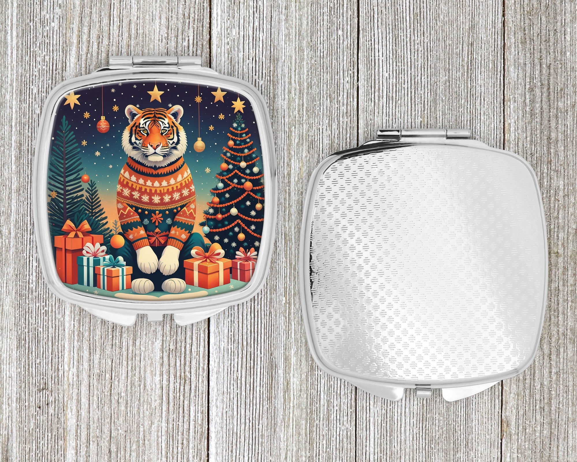 Tiger Christmas Compact Mirror Decorative Travel Makeup Mirror for Women Girls Gifts Pocket Makeup Mirror Folding Handheld