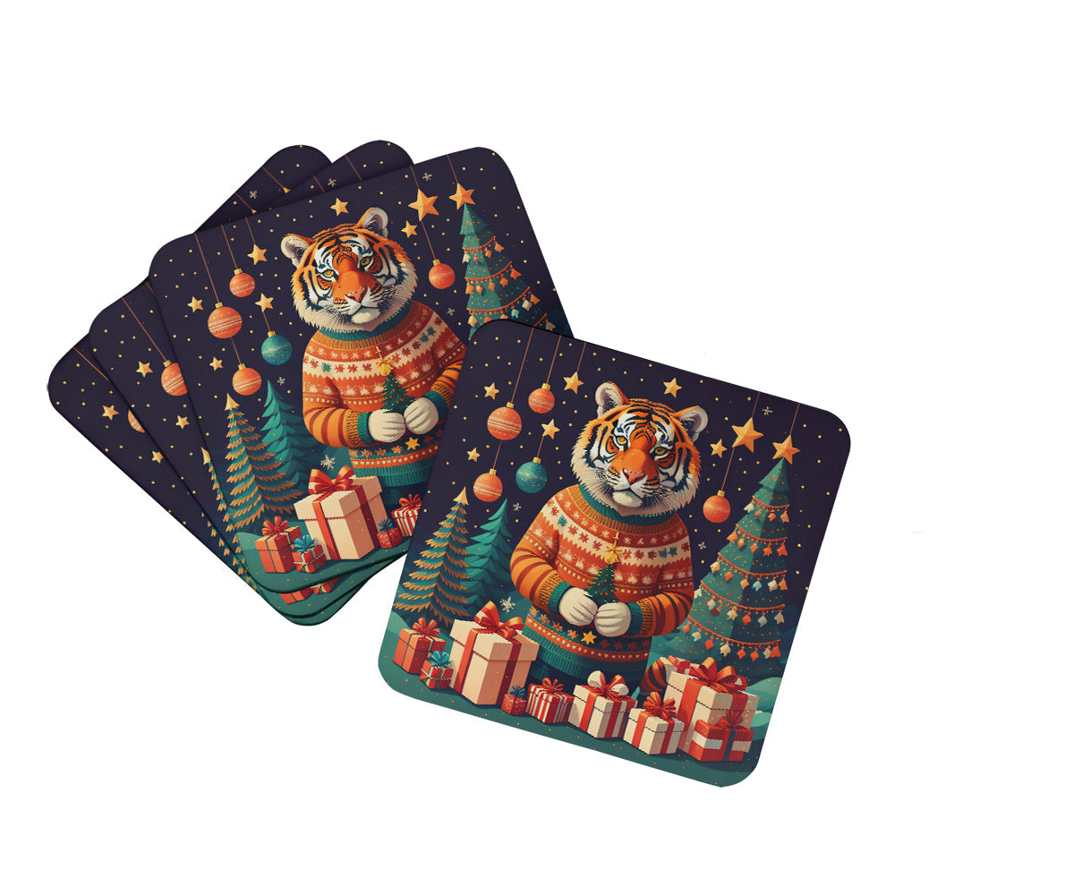 Tiger Christmas Foam Coasters Set of 4 Cup Coasters for Indoor Outdoor, Tabletop Protection, Anti Slip, Mouse pad Material