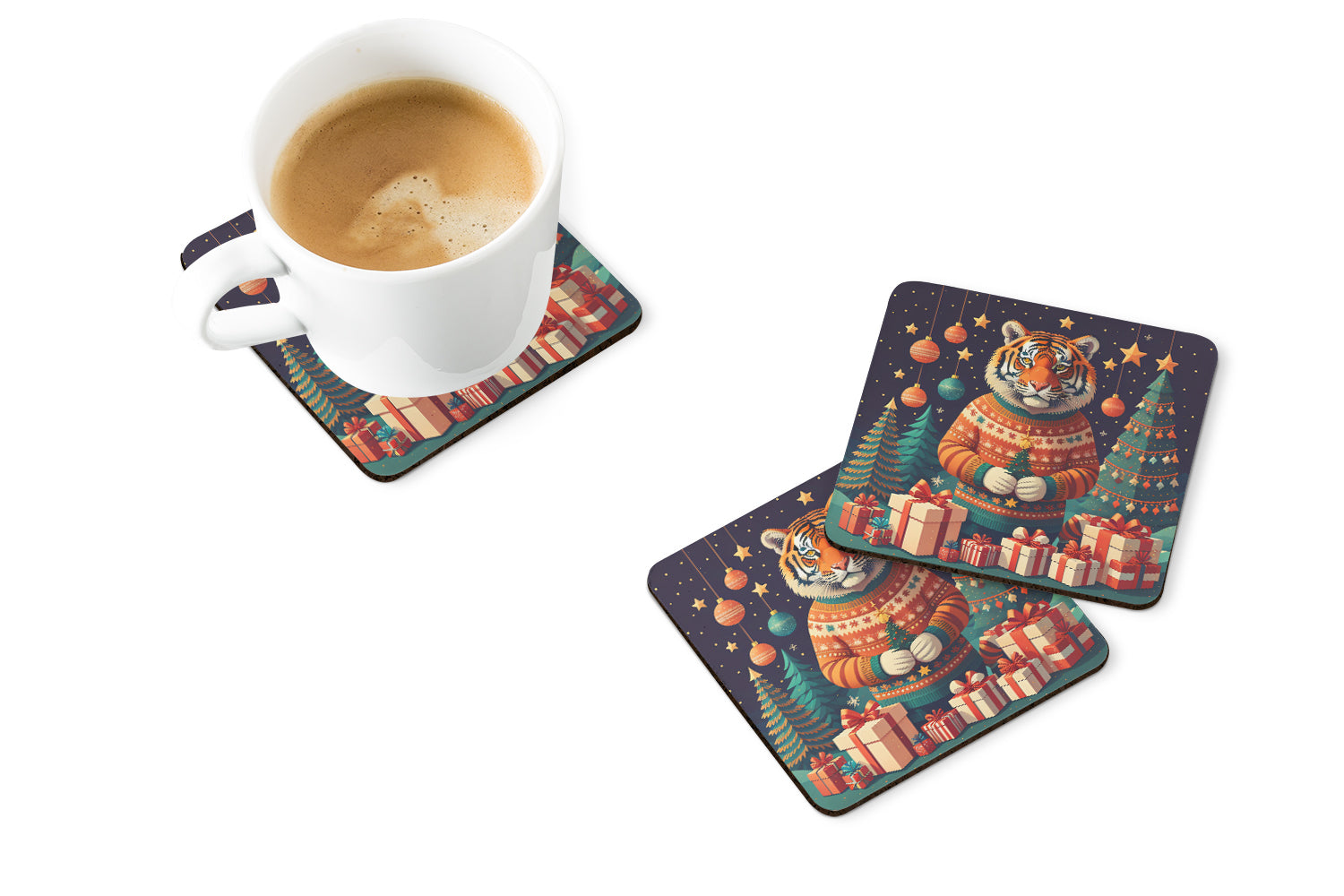 Tiger Christmas Foam Coasters Set of 4 Cup Coasters for Indoor Outdoor, Tabletop Protection, Anti Slip, Mouse pad Material