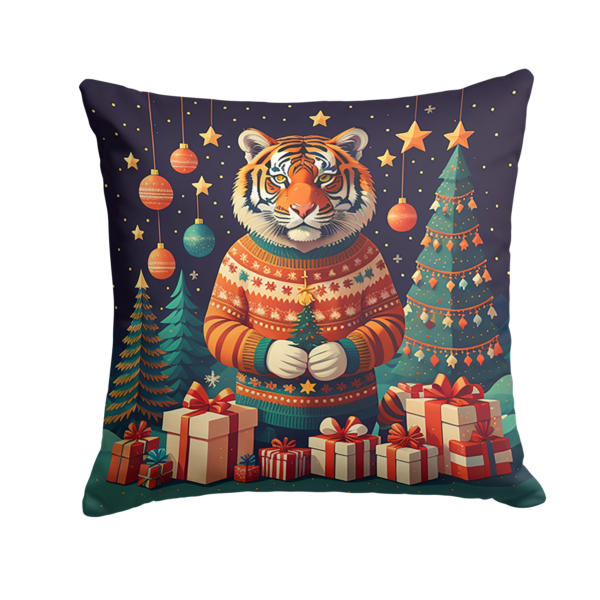 Tiger Christmas Decorative Throw Pillow 14x14 Indoor Outdoor Accent Cushion, Fabric Cover with Insert for Sofa, Bed, Porch & Living Room