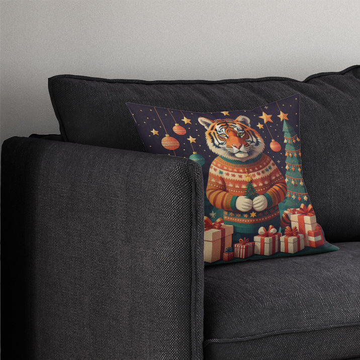 Tiger Christmas Decorative Throw Pillow 14x14 Indoor Outdoor Accent Cushion, Fabric Cover with Insert for Sofa, Bed, Porch & Living Room