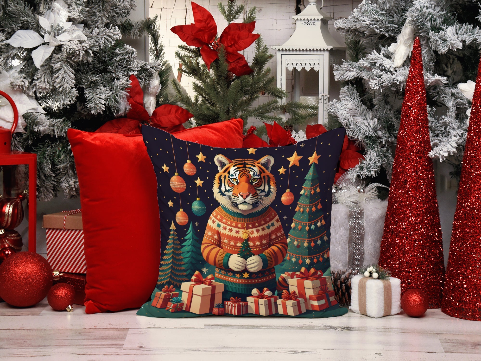 Tiger Christmas Decorative Throw Pillow 18x18 Indoor Outdoor Accent Cushion, Fabric Cover with Insert for Sofa, Bed, Porch & Living Room