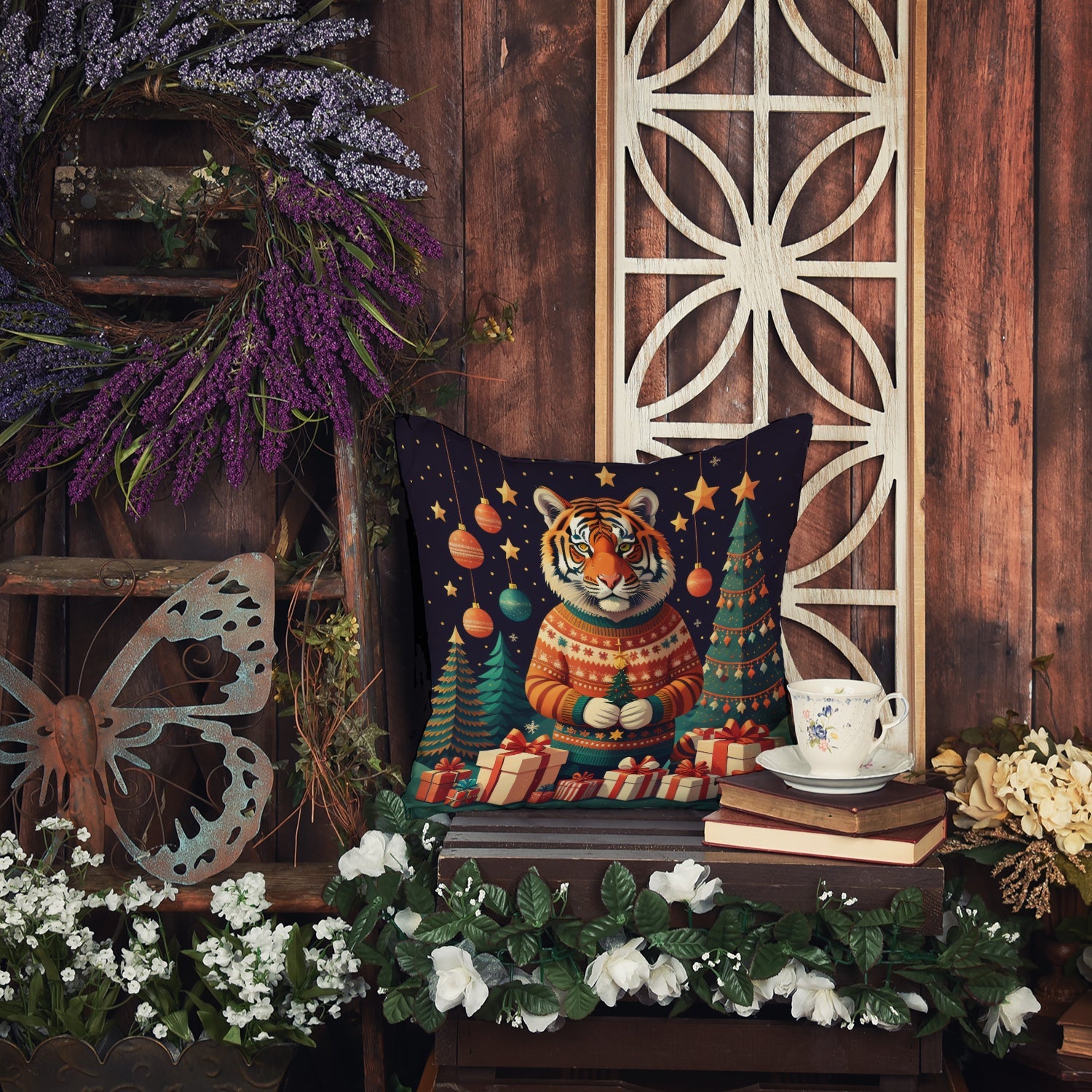 Tiger Christmas Decorative Throw Pillow 18x18 Indoor Outdoor Accent Cushion, Fabric Cover with Insert for Sofa, Bed, Porch & Living Room
