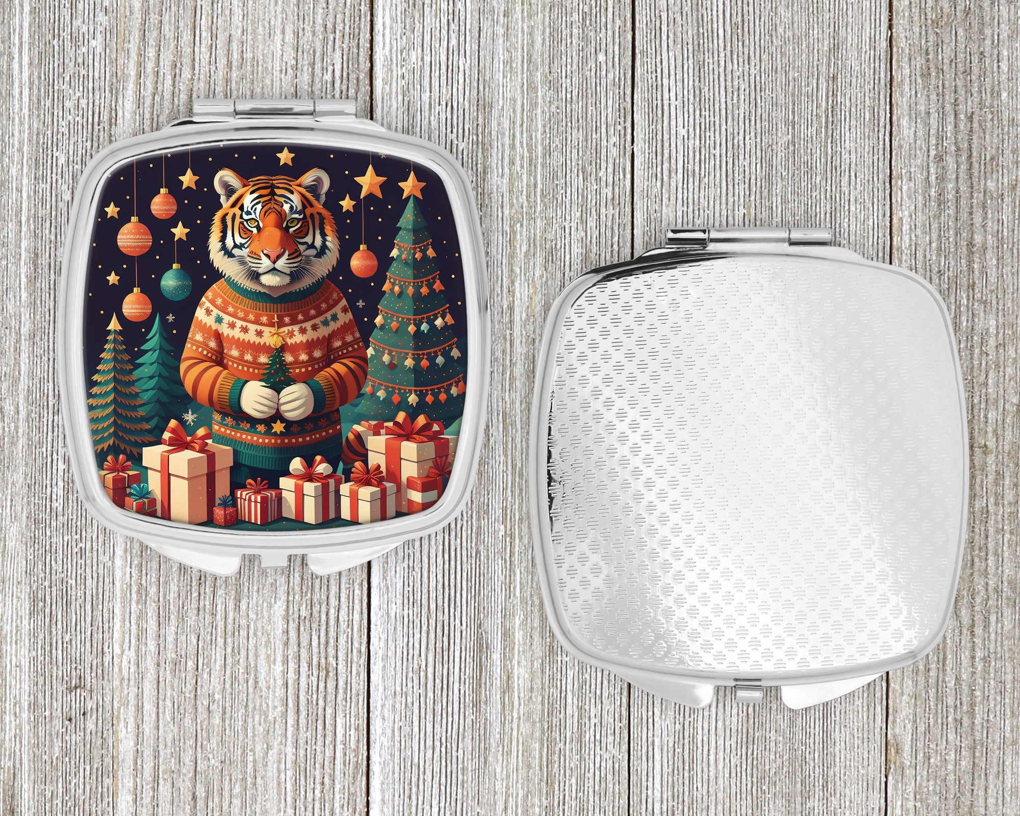 Tiger Christmas Compact Mirror Decorative Travel Makeup Mirror for Women Girls Gifts Pocket Makeup Mirror Folding Handheld