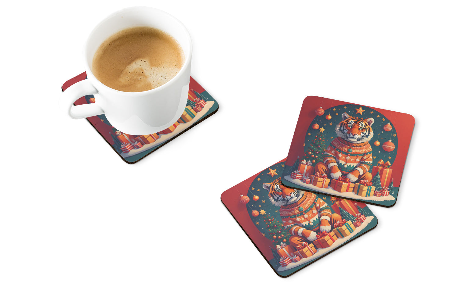 Tiger Christmas Foam Coasters Set of 4 Cup Coasters for Indoor Outdoor, Tabletop Protection, Anti Slip, Mouse pad Material