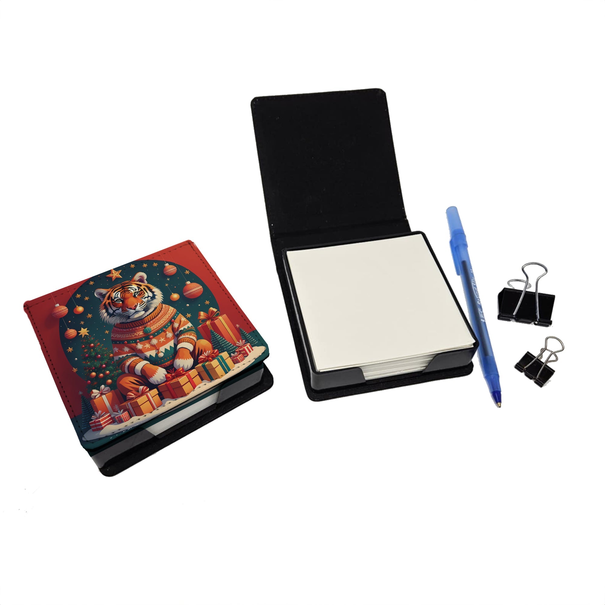 Tiger Christmas PU Leather Note Paper Holder with Artist-Designed Cover, Desk Accessory, Office Gift