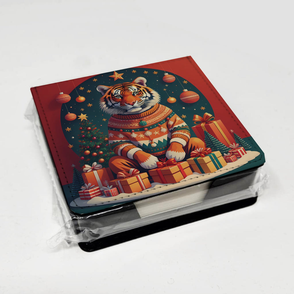 Tiger Christmas PU Leather Note Paper Holder with Artist-Designed Cover, Desk Accessory, Office Gift