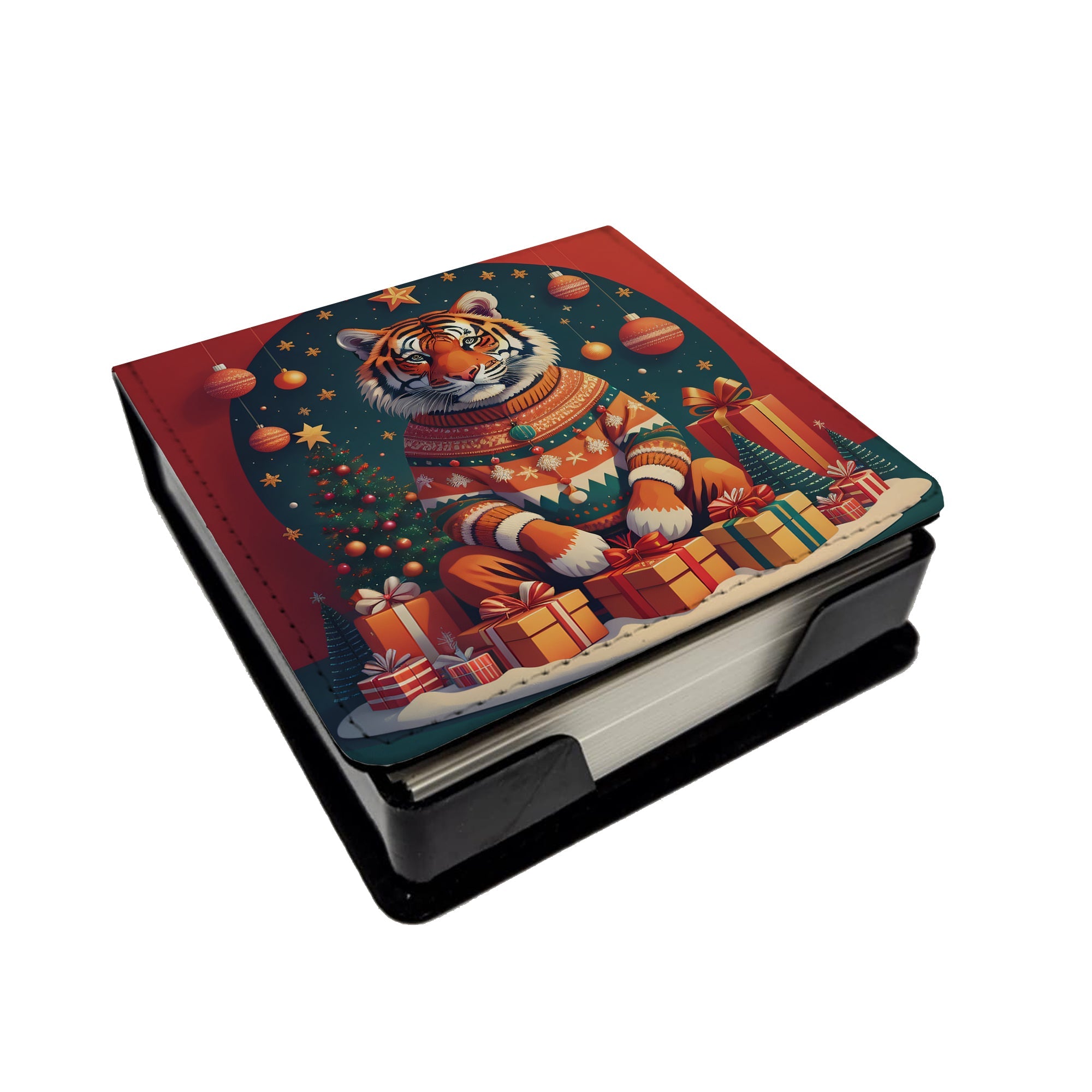 Tiger Christmas PU Leather Note Paper Holder with Artist-Designed Cover, Desk Accessory, Office Gift