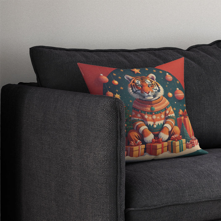 Tiger Christmas Decorative Throw Pillow 14x14 Indoor Outdoor Accent Cushion, Fabric Cover with Insert for Sofa, Bed, Porch & Living Room