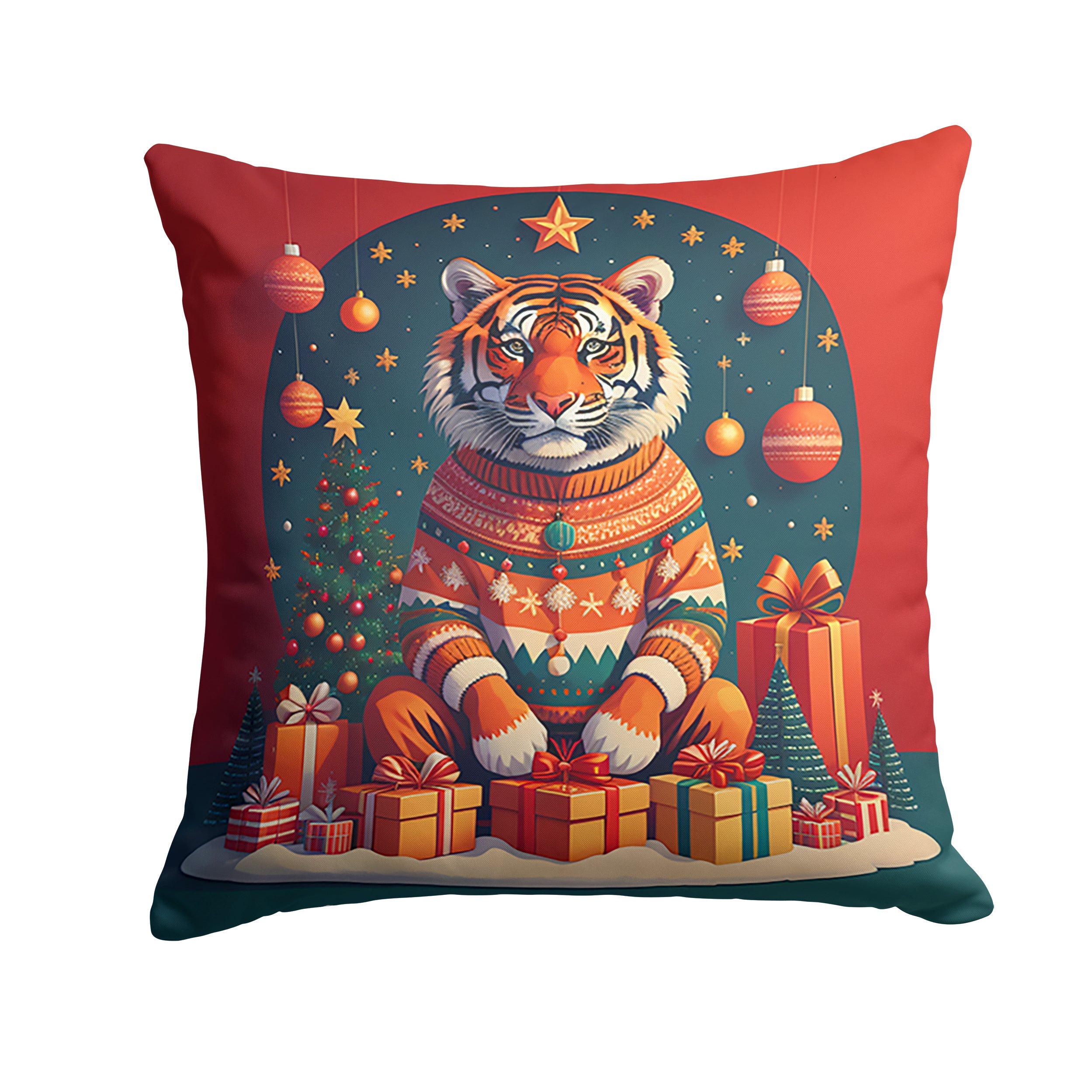 Tiger Christmas Decorative Throw Pillow 18x18 Indoor Outdoor Accent Cushion, Fabric Cover with Insert for Sofa, Bed, Porch & Living Room
