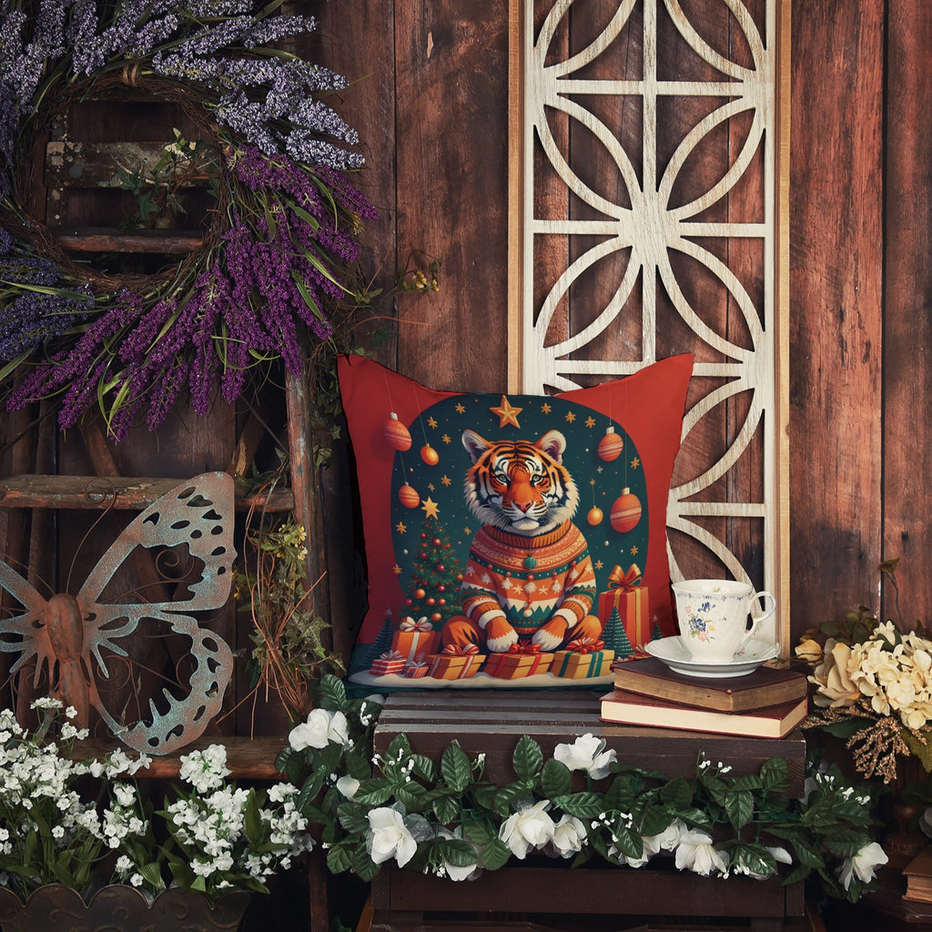 Tiger Christmas Decorative Throw Pillow 18x18 Indoor Outdoor Accent Cushion, Fabric Cover with Insert for Sofa, Bed, Porch & Living Room