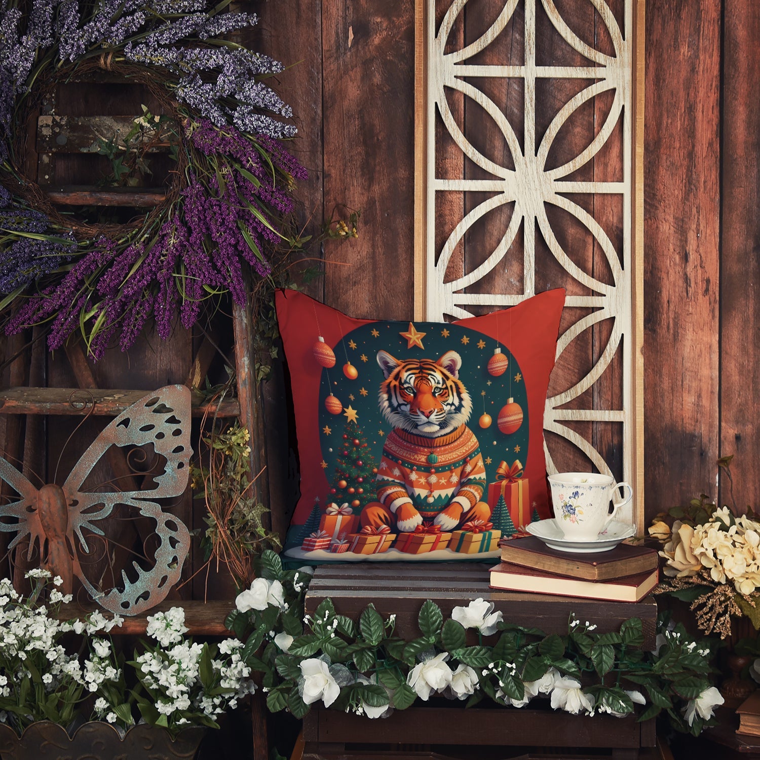 Tiger Christmas Decorative Throw Pillow 18x18 Indoor Outdoor Accent Cushion, Fabric Cover with Insert for Sofa, Bed, Porch & Living Room
