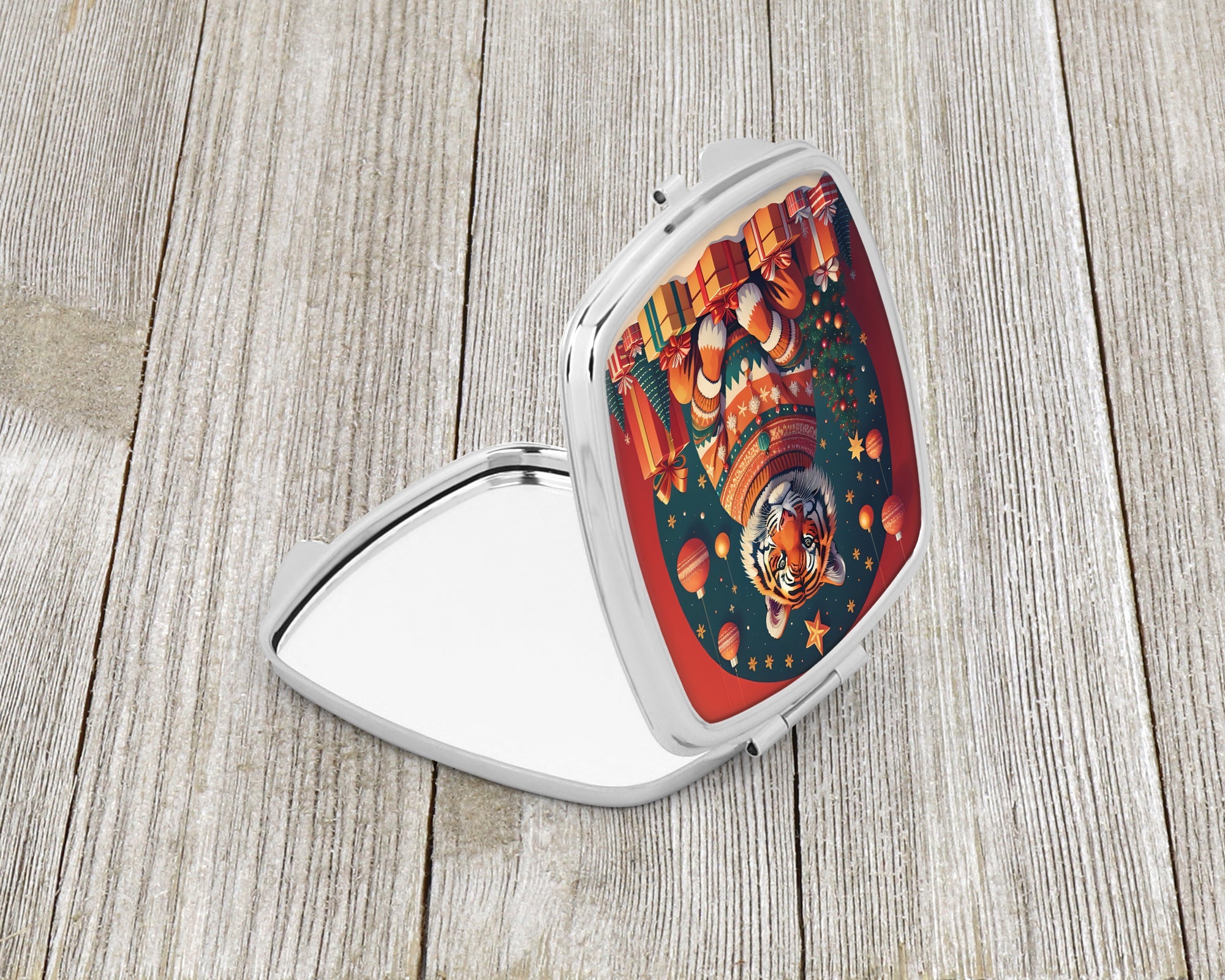 Tiger Christmas Compact Mirror Decorative Travel Makeup Mirror for Women Girls Gifts Pocket Makeup Mirror Folding Handheld