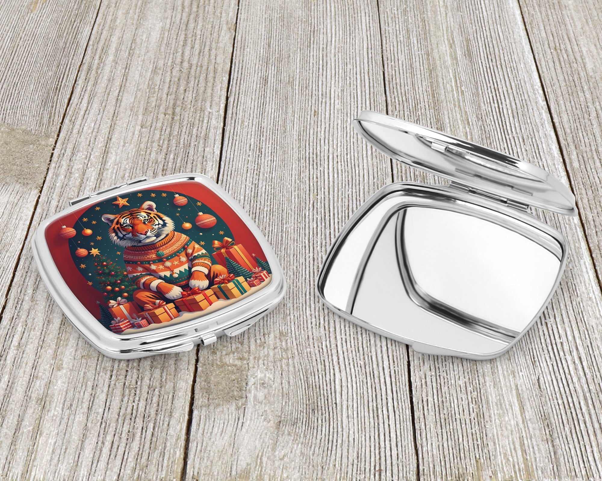 Tiger Christmas Compact Mirror Decorative Travel Makeup Mirror for Women Girls Gifts Pocket Makeup Mirror Folding Handheld