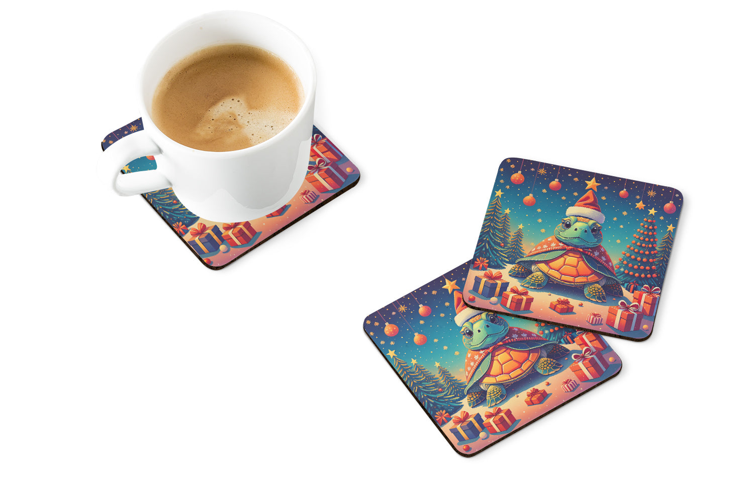 Turtle Christmas Foam Coasters Set of 4 Cup Coasters for Indoor Outdoor, Tabletop Protection, Anti Slip, Mouse pad Material