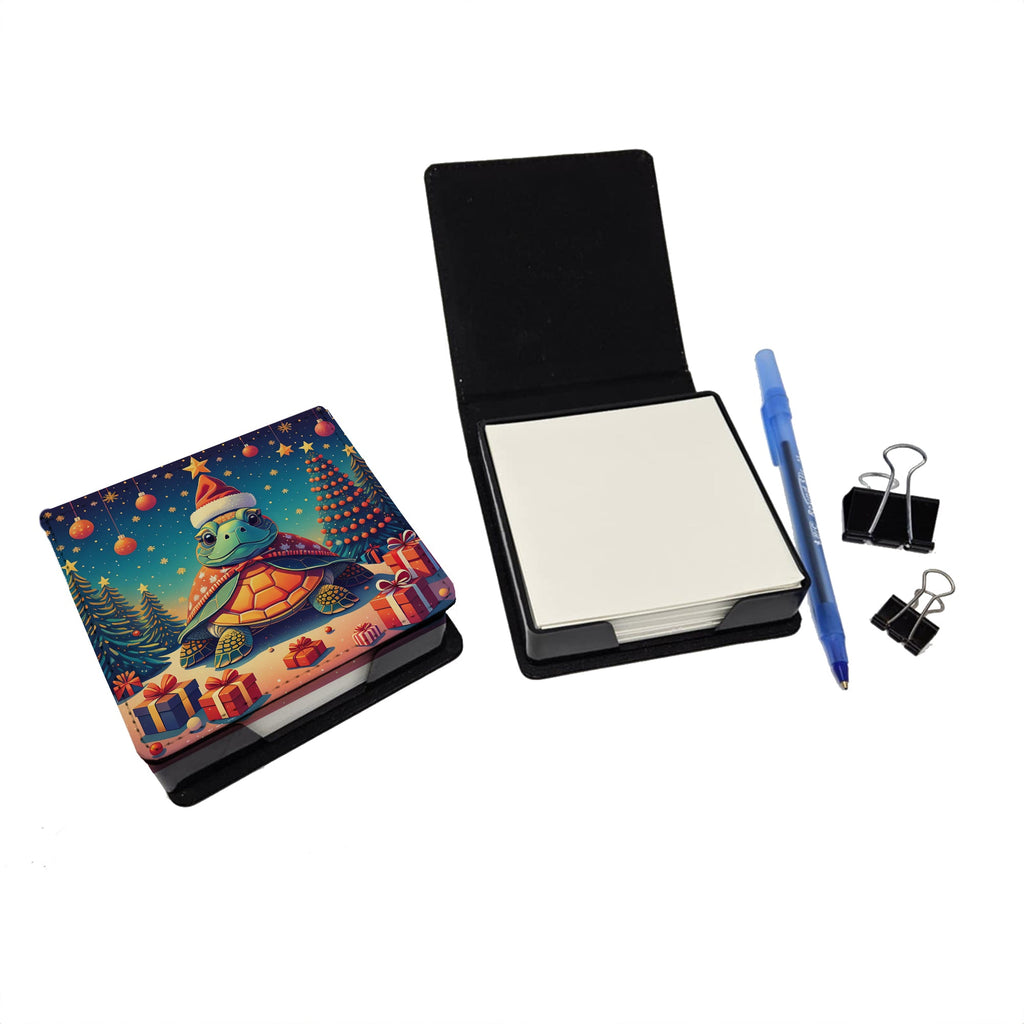 Turtle Christmas PU Leather Note Paper Holder with Artist-Designed Cover, Desk Accessory, Office Gift