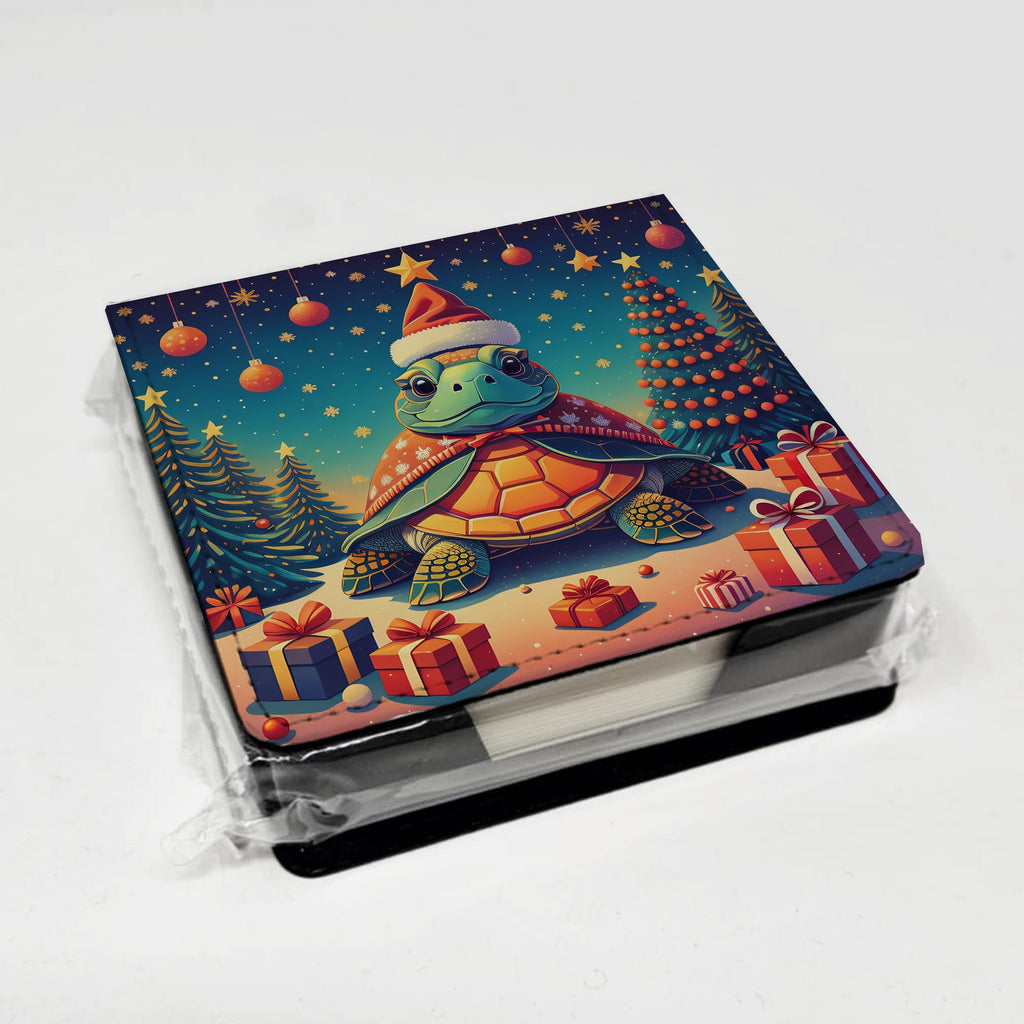 Turtle Christmas PU Leather Note Paper Holder with Artist-Designed Cover, Desk Accessory, Office Gift
