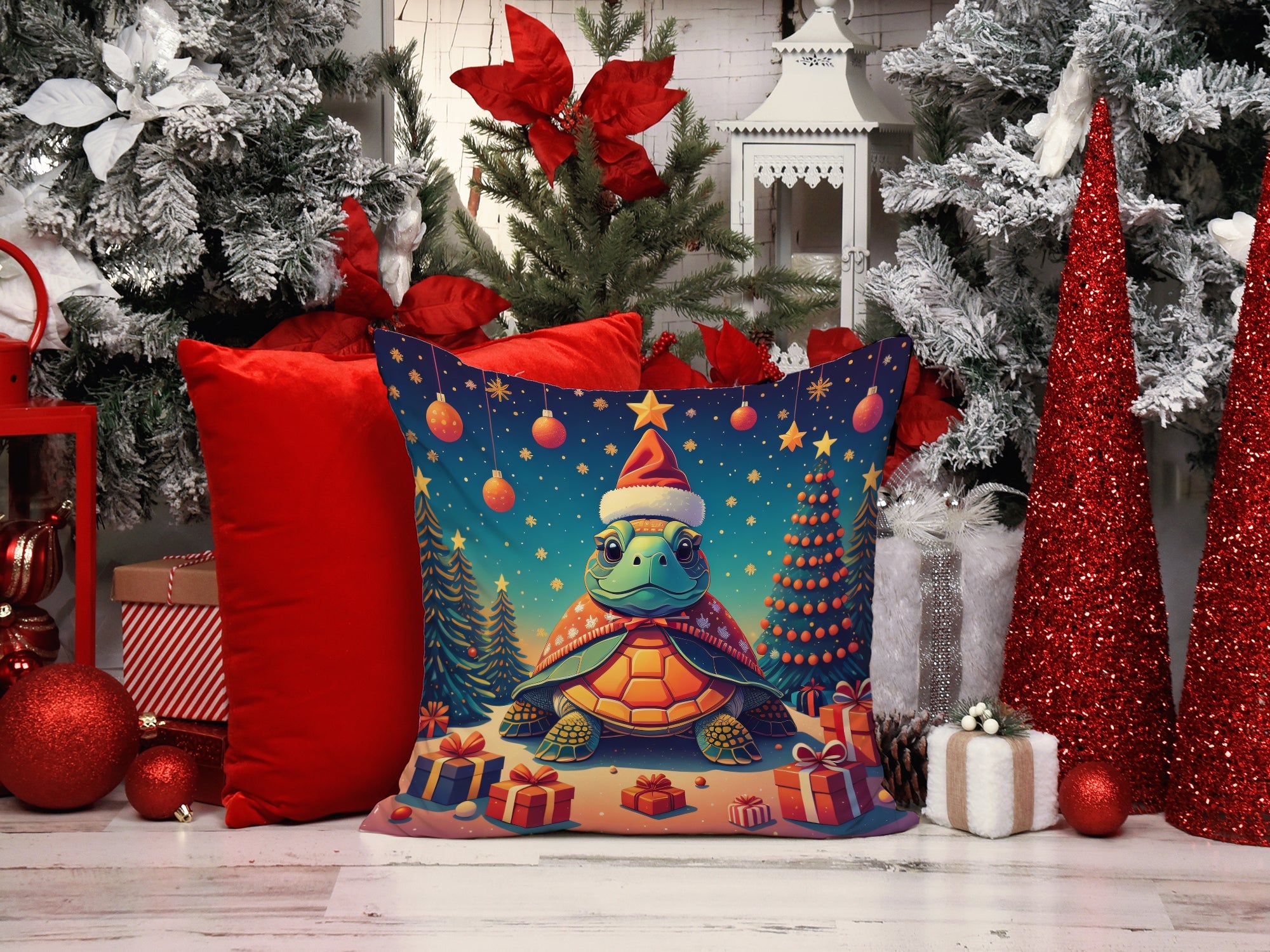 Turtle Christmas Decorative Throw Pillow 18x18 Indoor Outdoor Accent Cushion, Fabric Cover with Insert for Sofa, Bed, Porch & Living Room